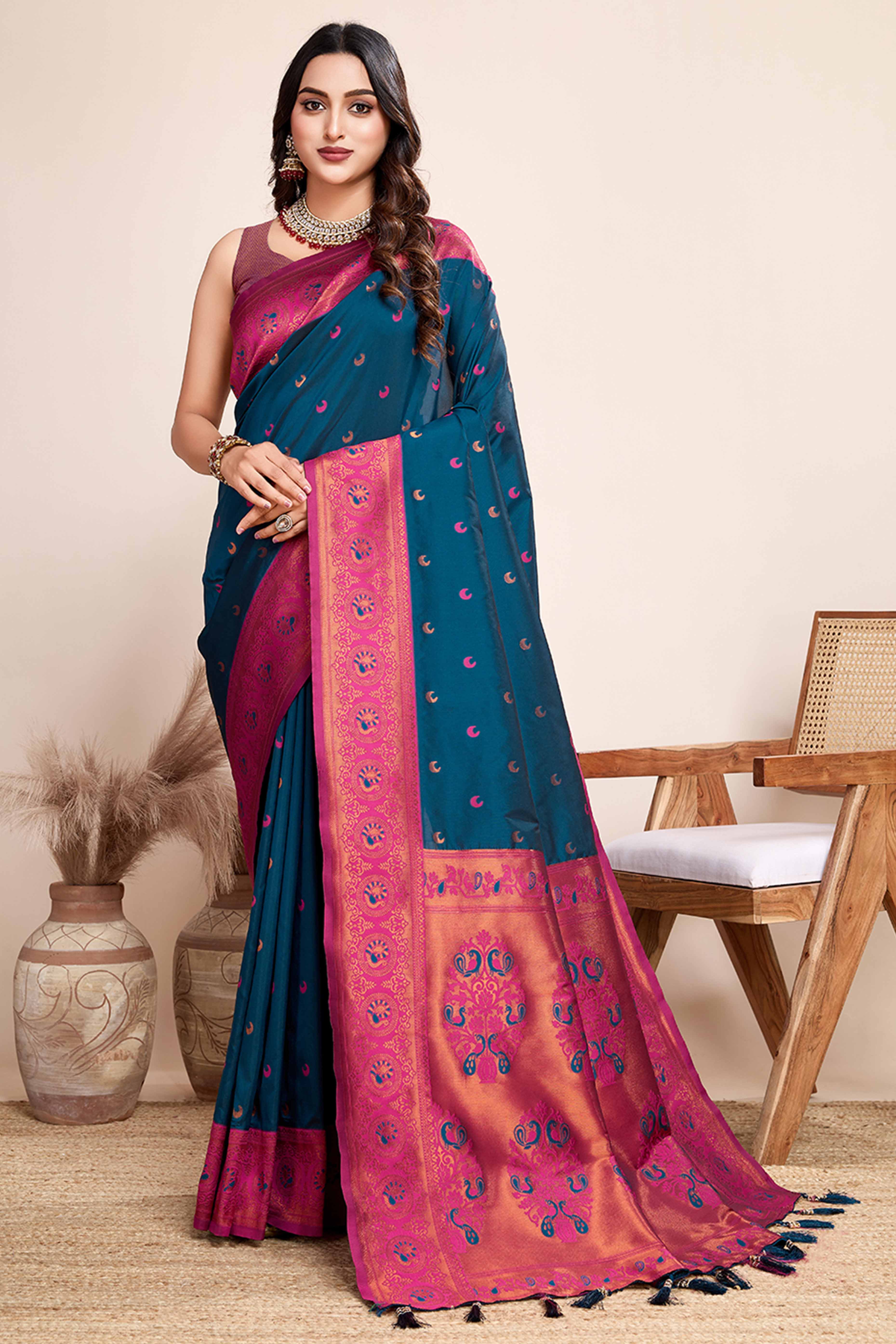 Teal Zari Weaving Banarasi Silk Saree
