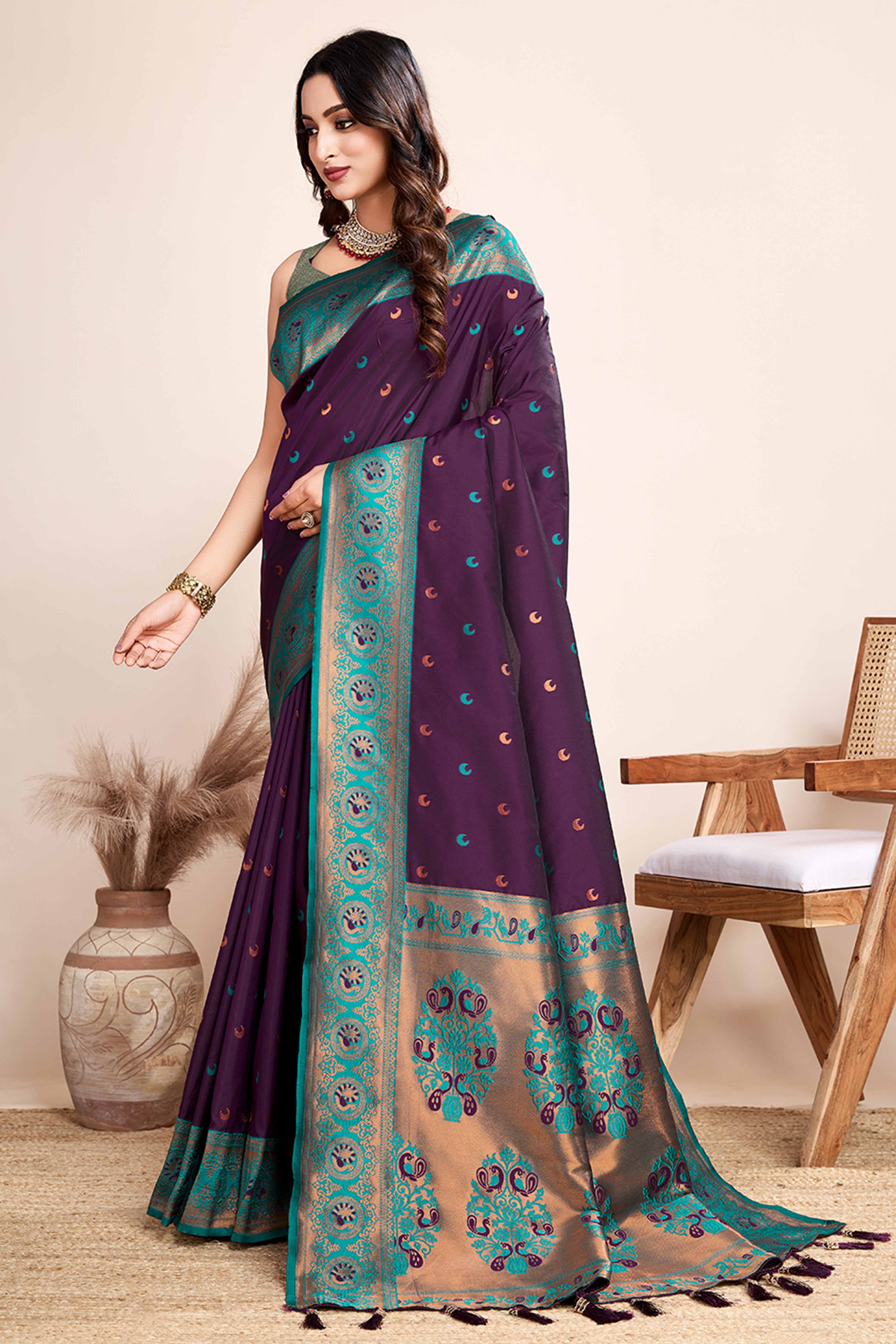 Wine Zari Weaving Banarasi Silk Saree