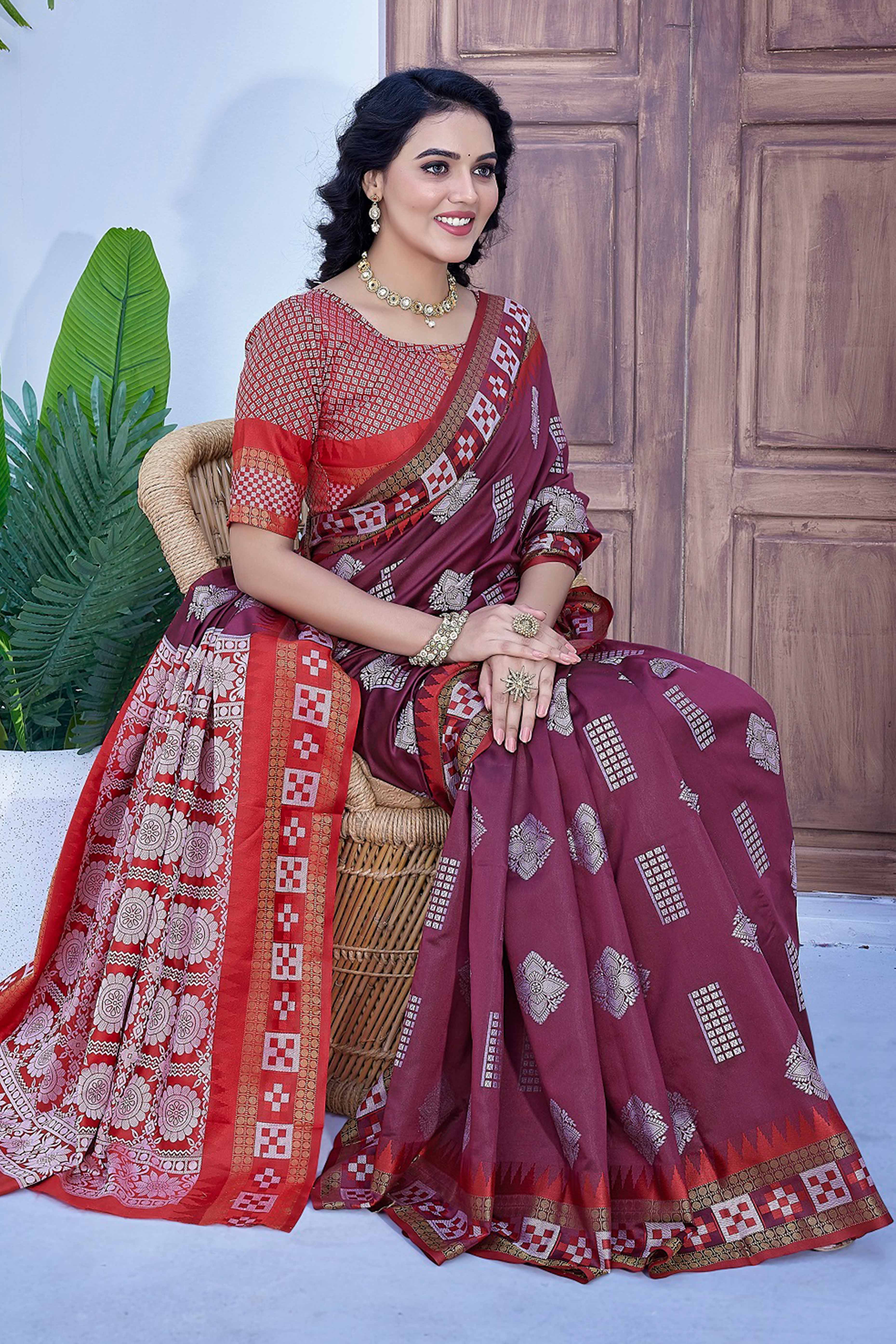 Wine Zari Weaving Cotton Silk Saree