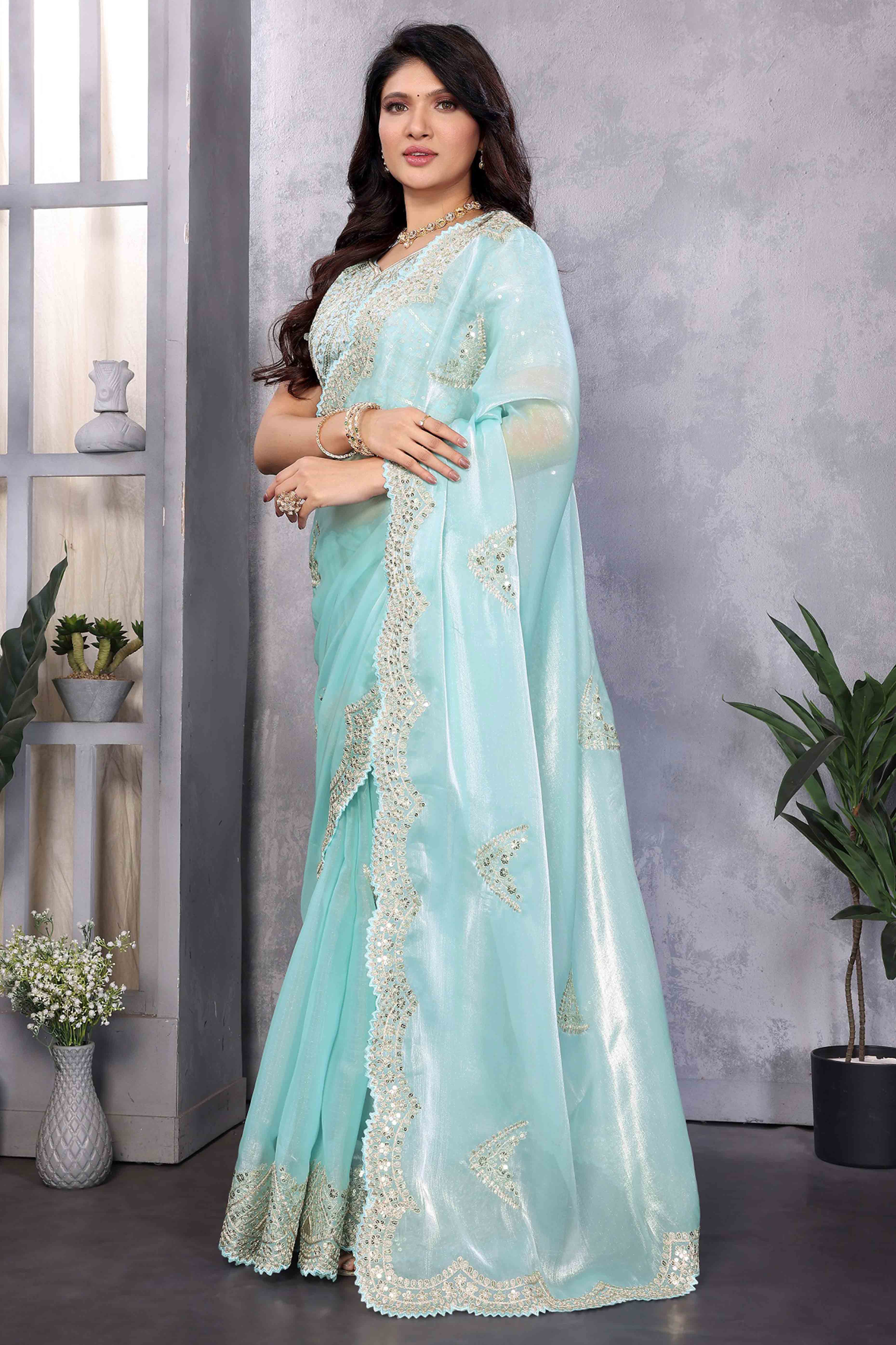 Sky Blue Floral Sequins Embroidered Shimmer Chiffon Saree