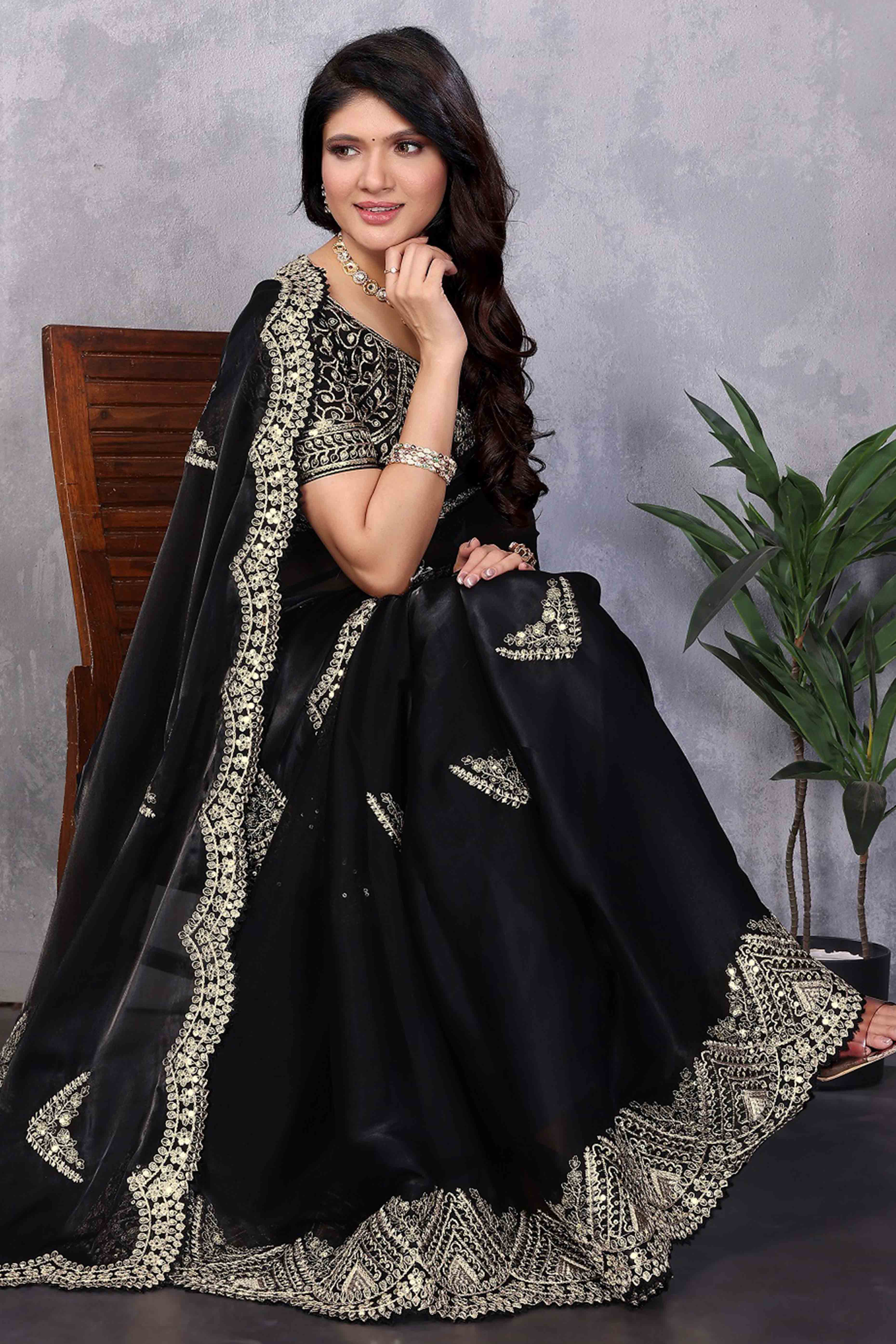 Black Floral Sequins Embroidered Shimmer Chiffon Saree