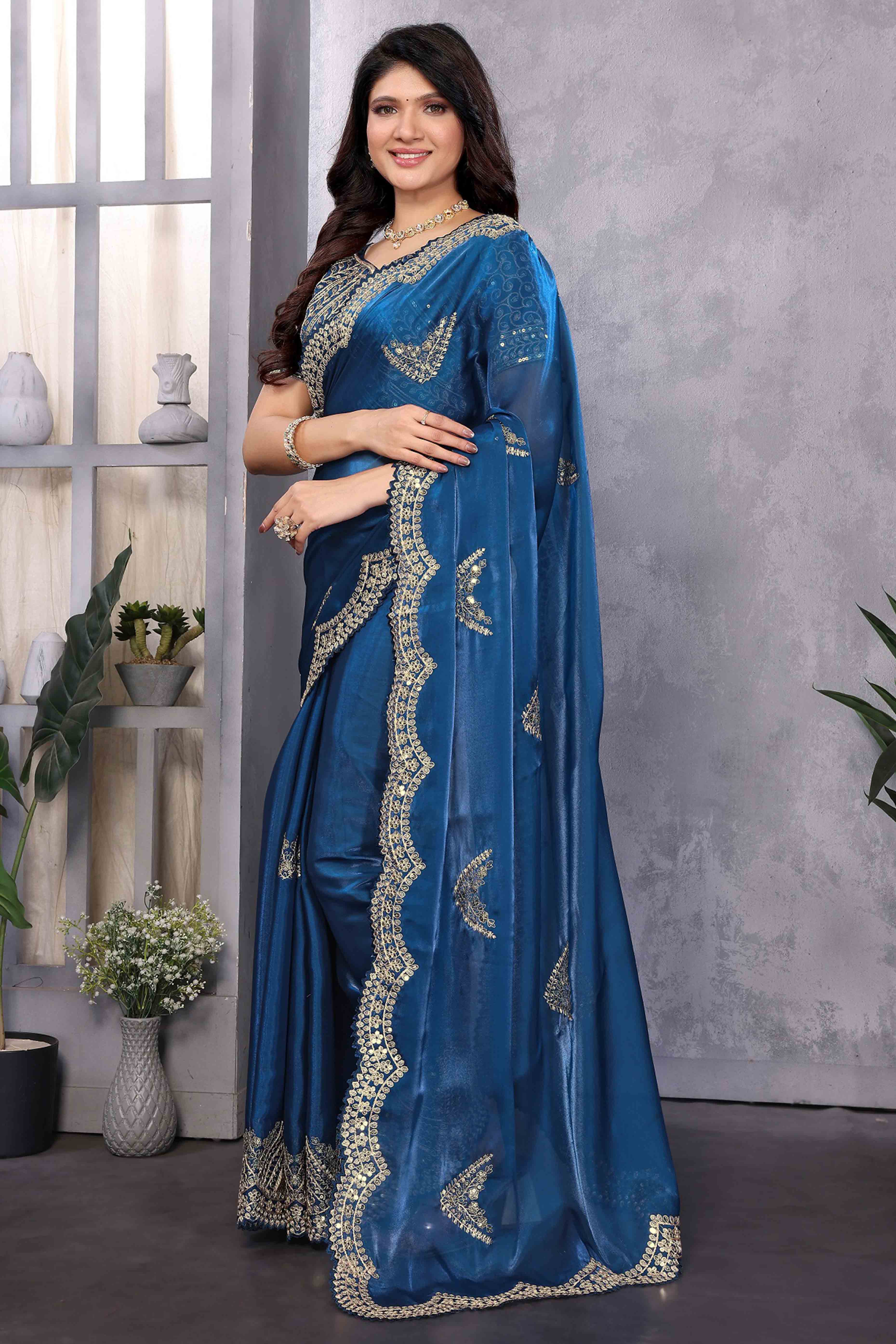 Blue Floral Sequins Embroidered Shimmer Chiffon Saree