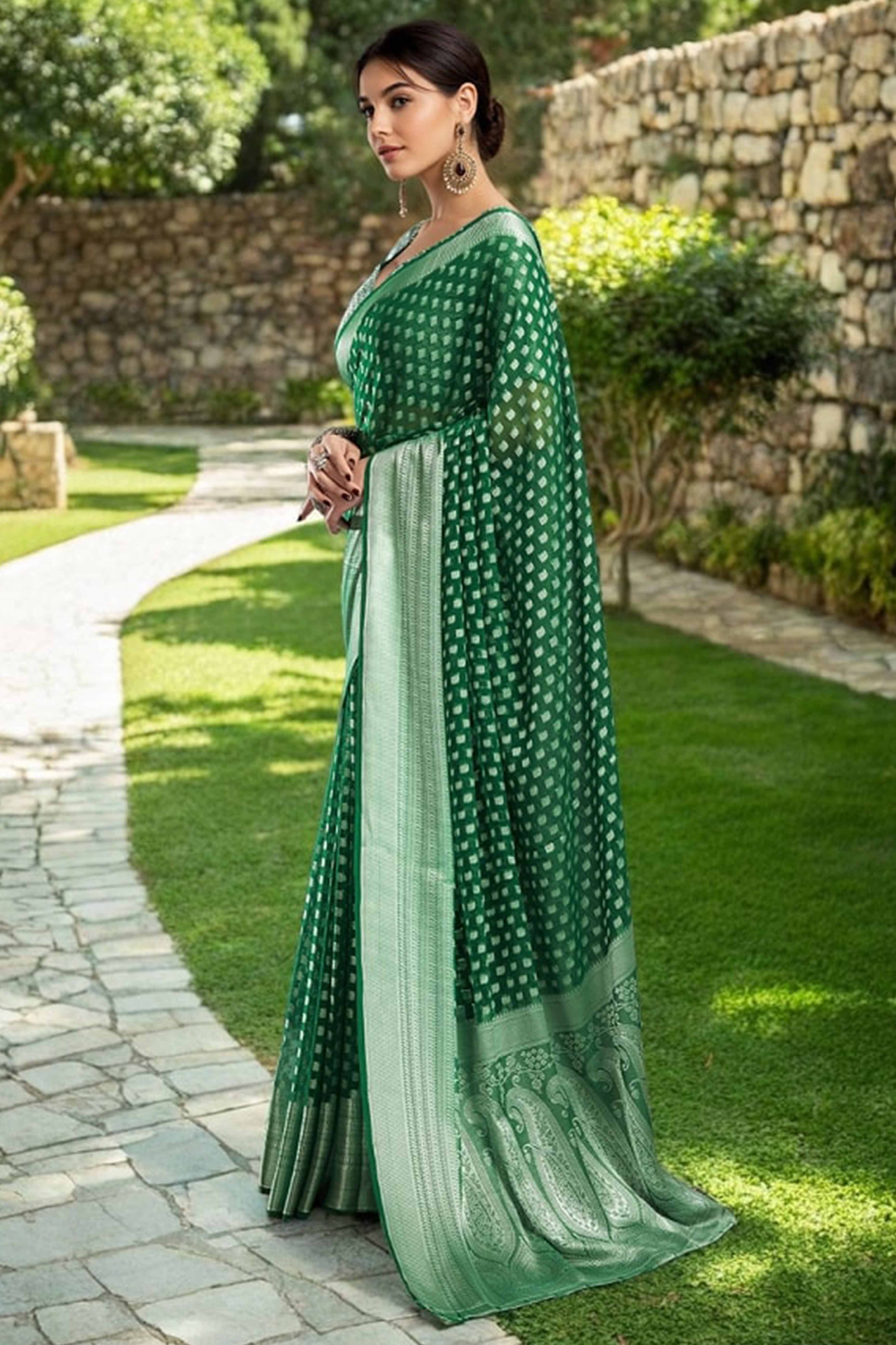 Green Weaving Jacquard Georgette Saree Featuring Ornamental Pallu Design