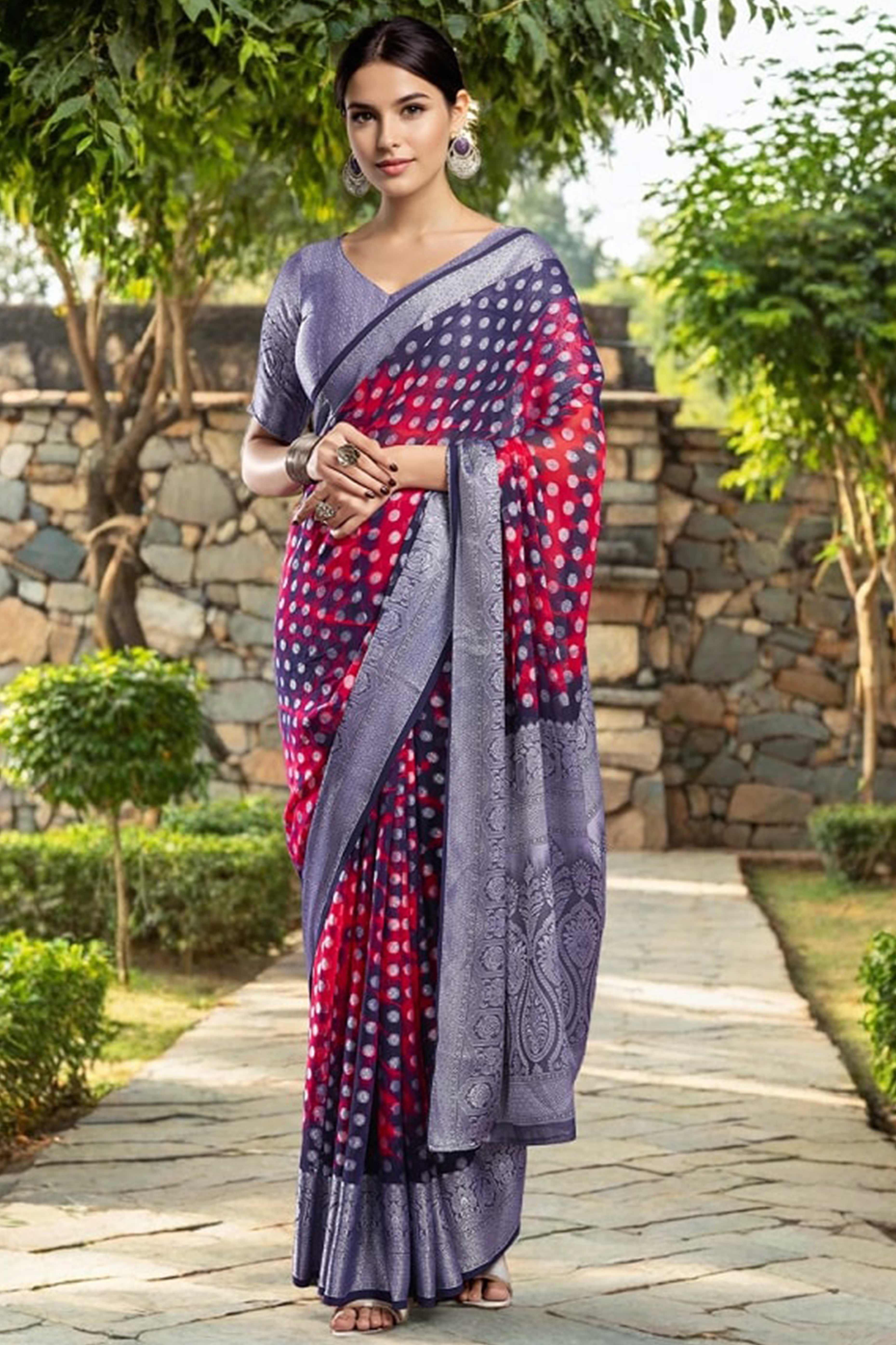 Blue & Pink Weaving Jacquard Georgette Saree Featuring Ornamental Pallu Design