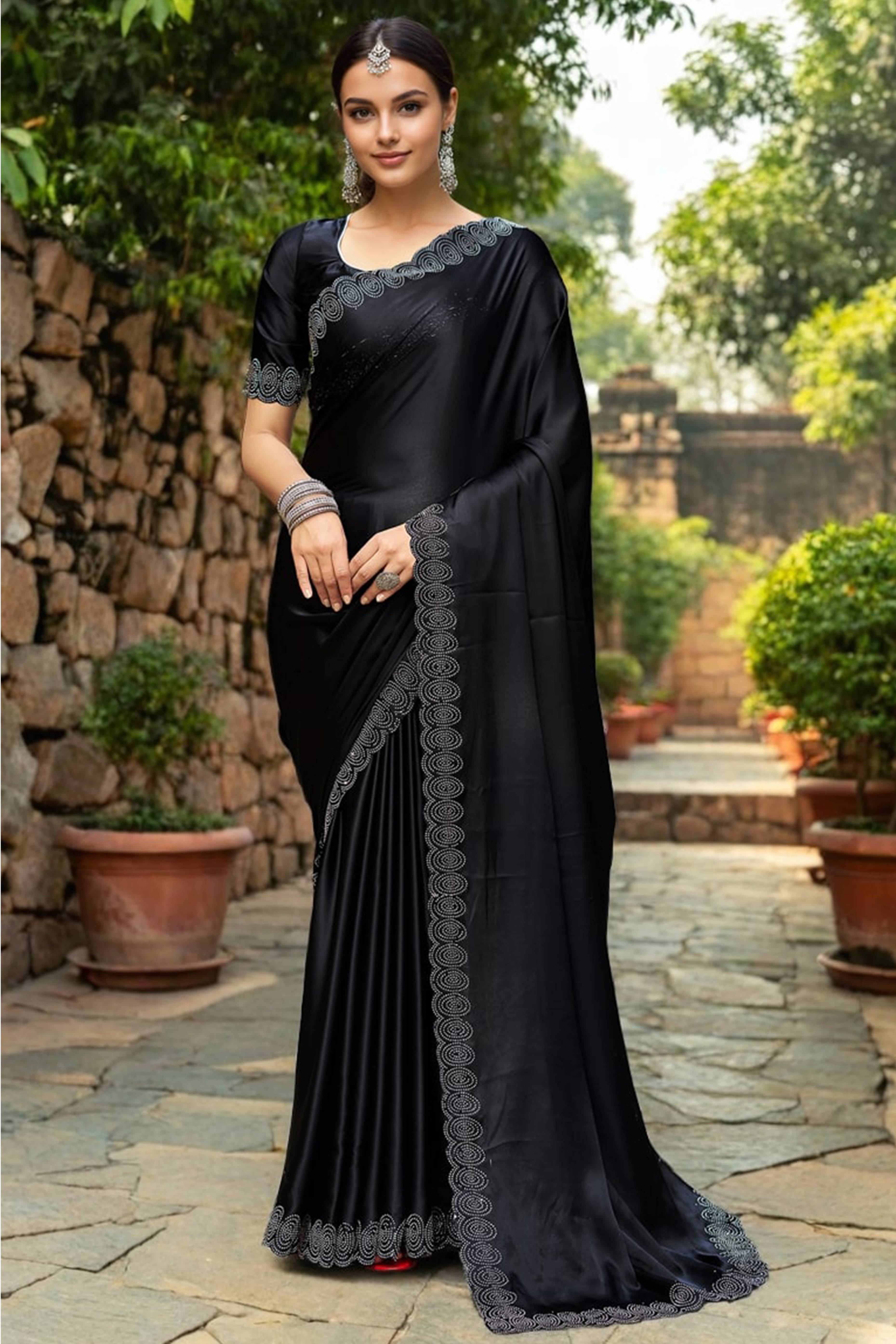 Black Solid Rangoli Dola Silk Saree Featuring Sparkling Swarovski Work Border