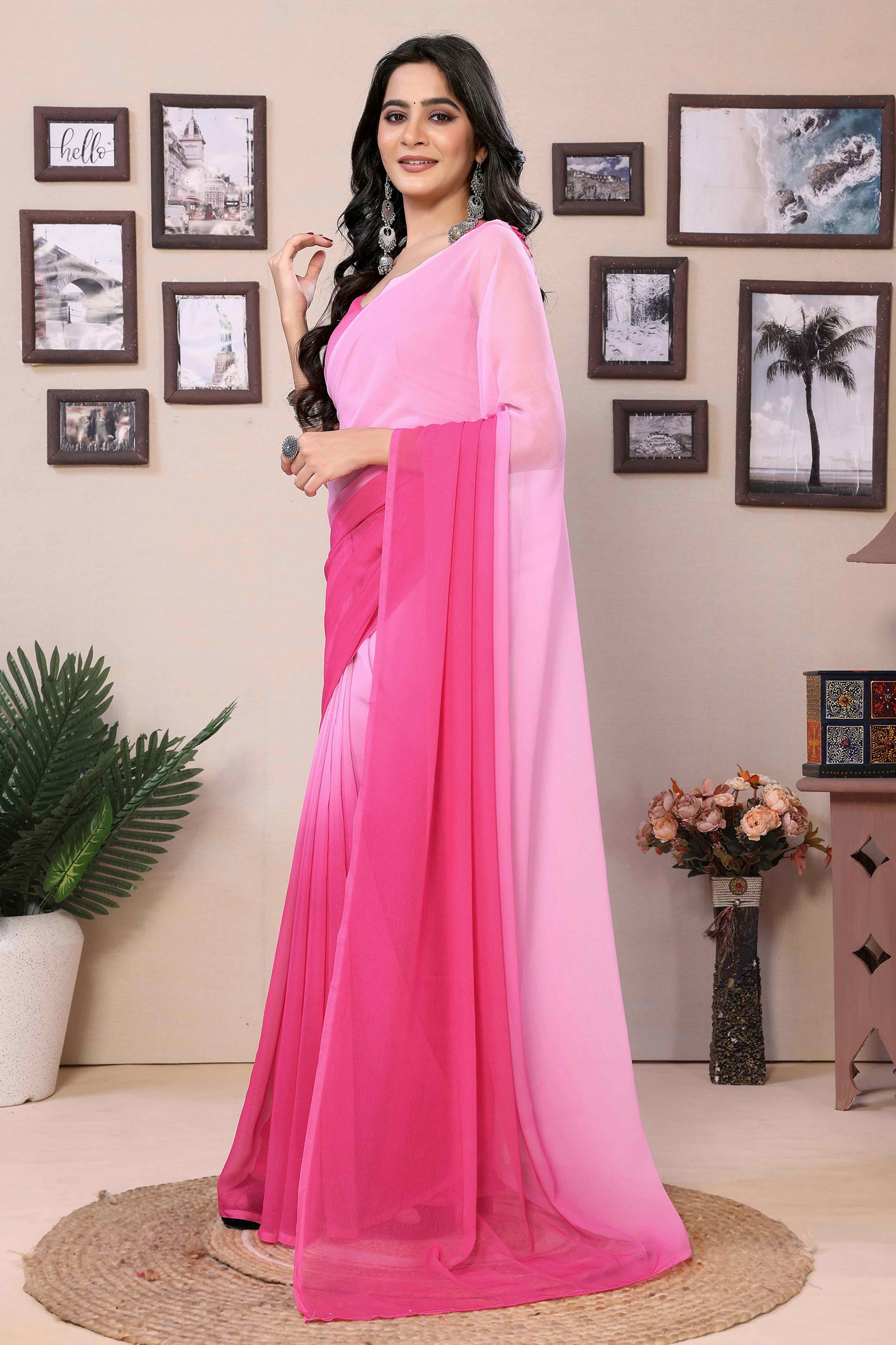 Pink Solid Printed Georgette Ready To Wear Ombre Saree