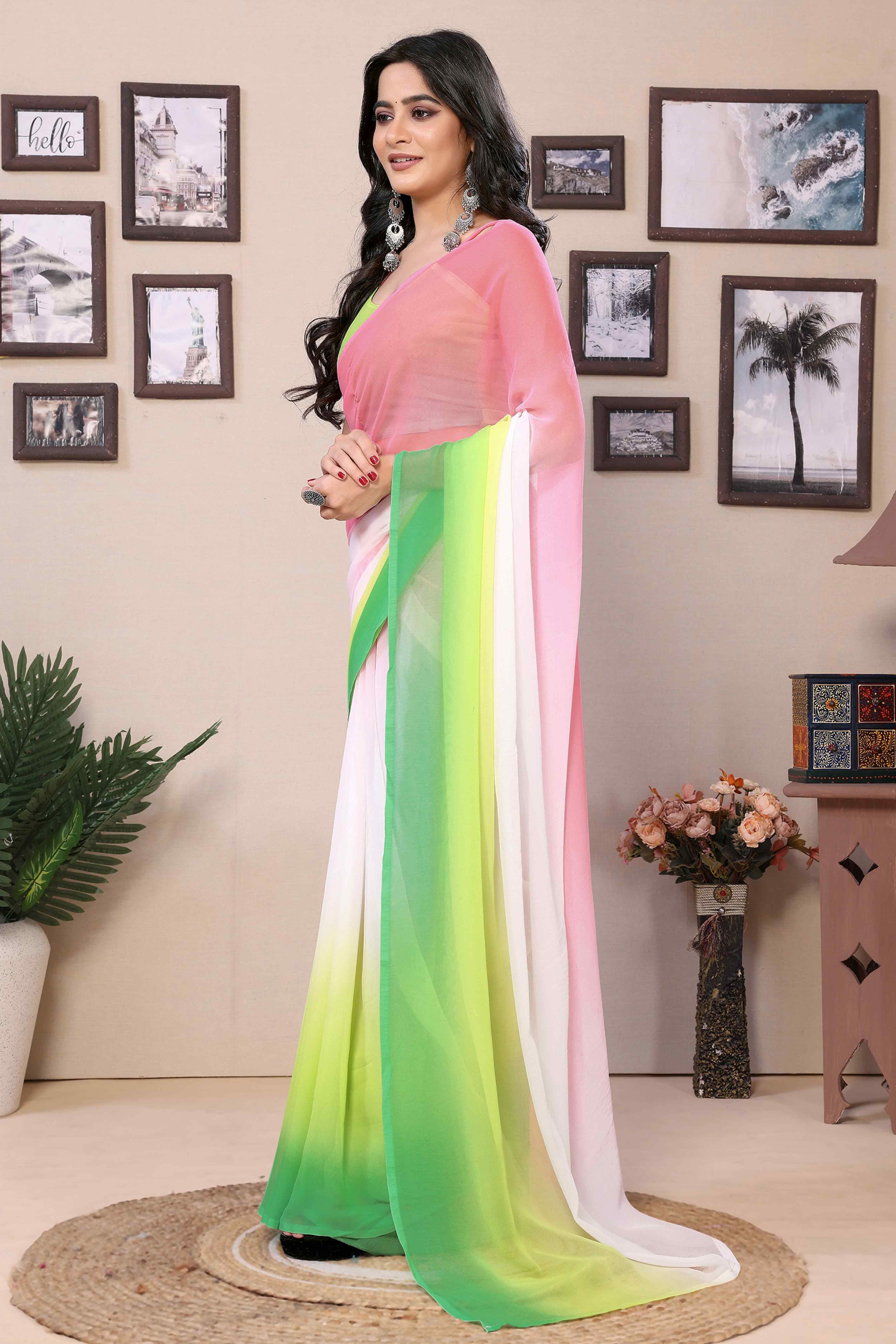 Multicolor Solid Printed Georgette Ready To Wear Ombre Saree