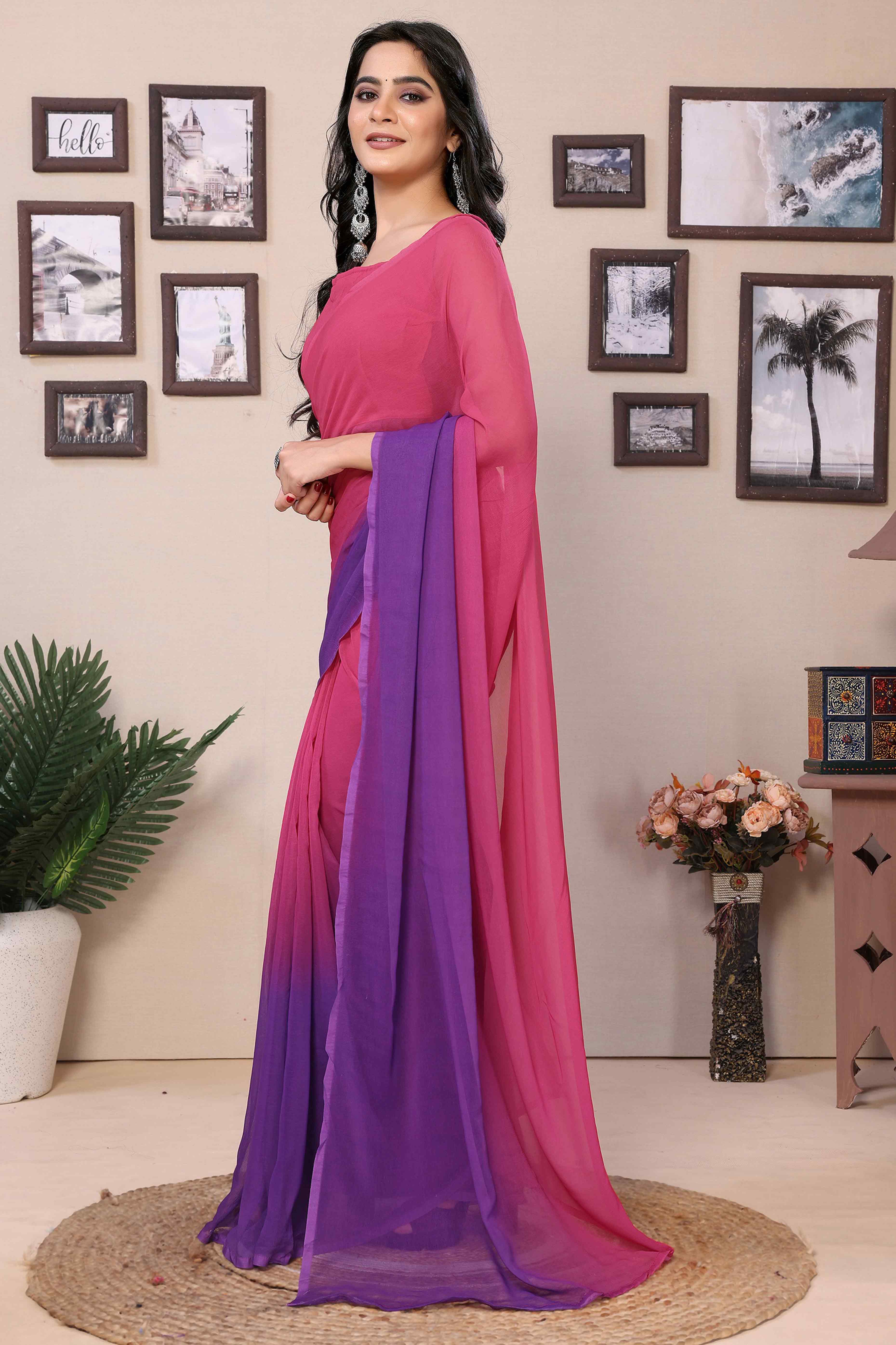 Pink & Purple Solid Printed Georgette Ready To Wear Ombre Saree