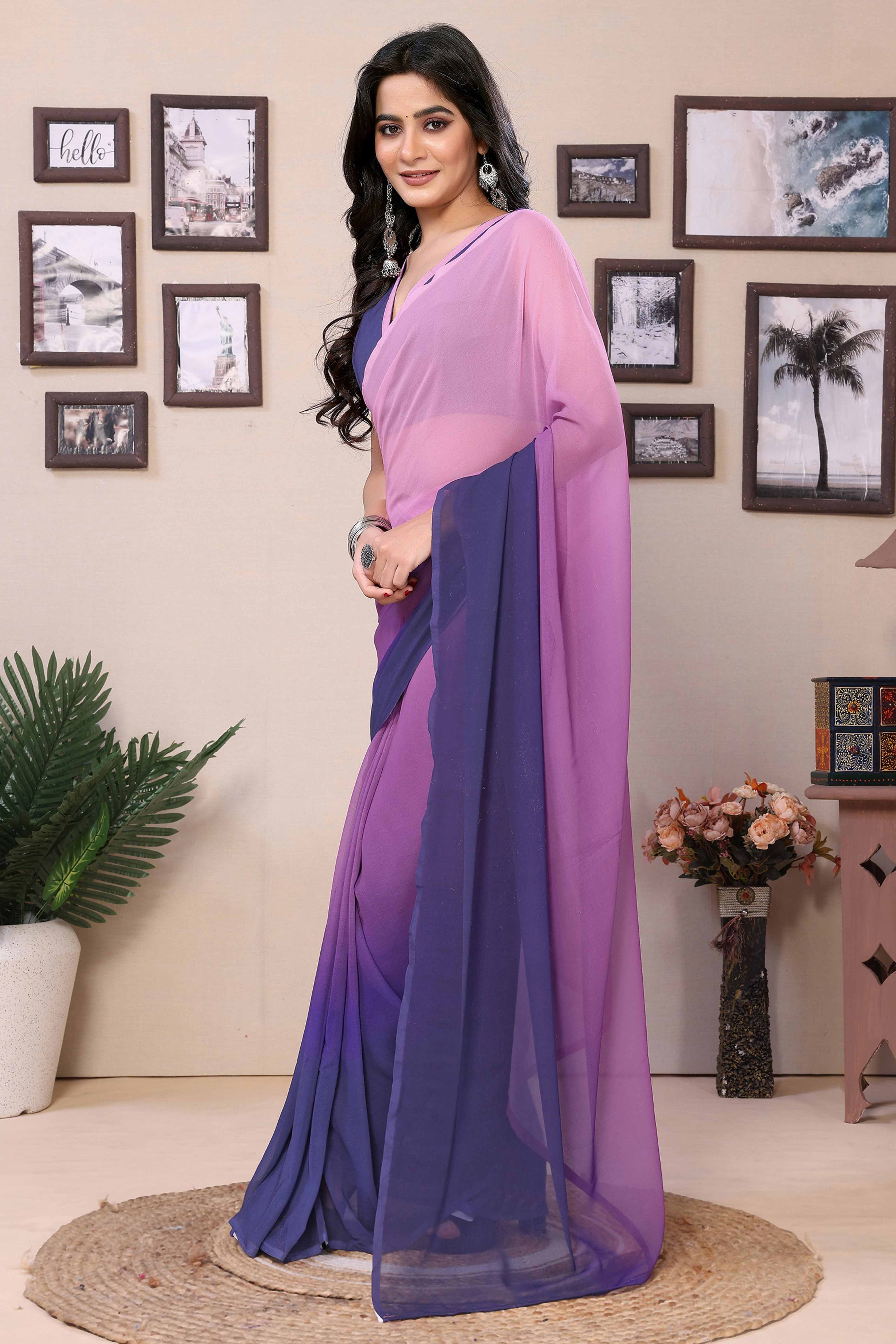 Pink & Purple Solid Printed Georgette Ready To Wear Ombre Saree