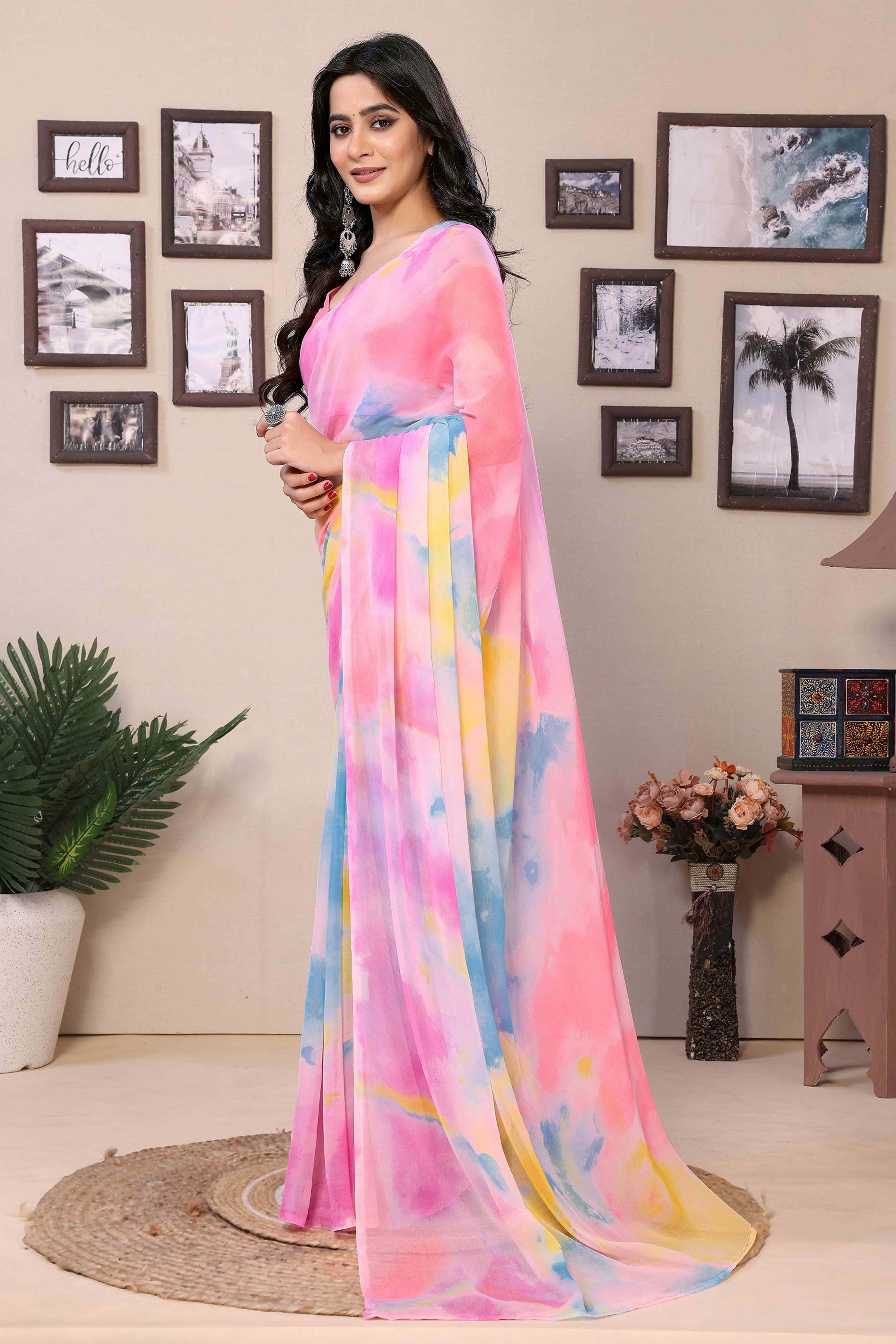 Pink Printed Georgette Ready To Wear Ombre Saree