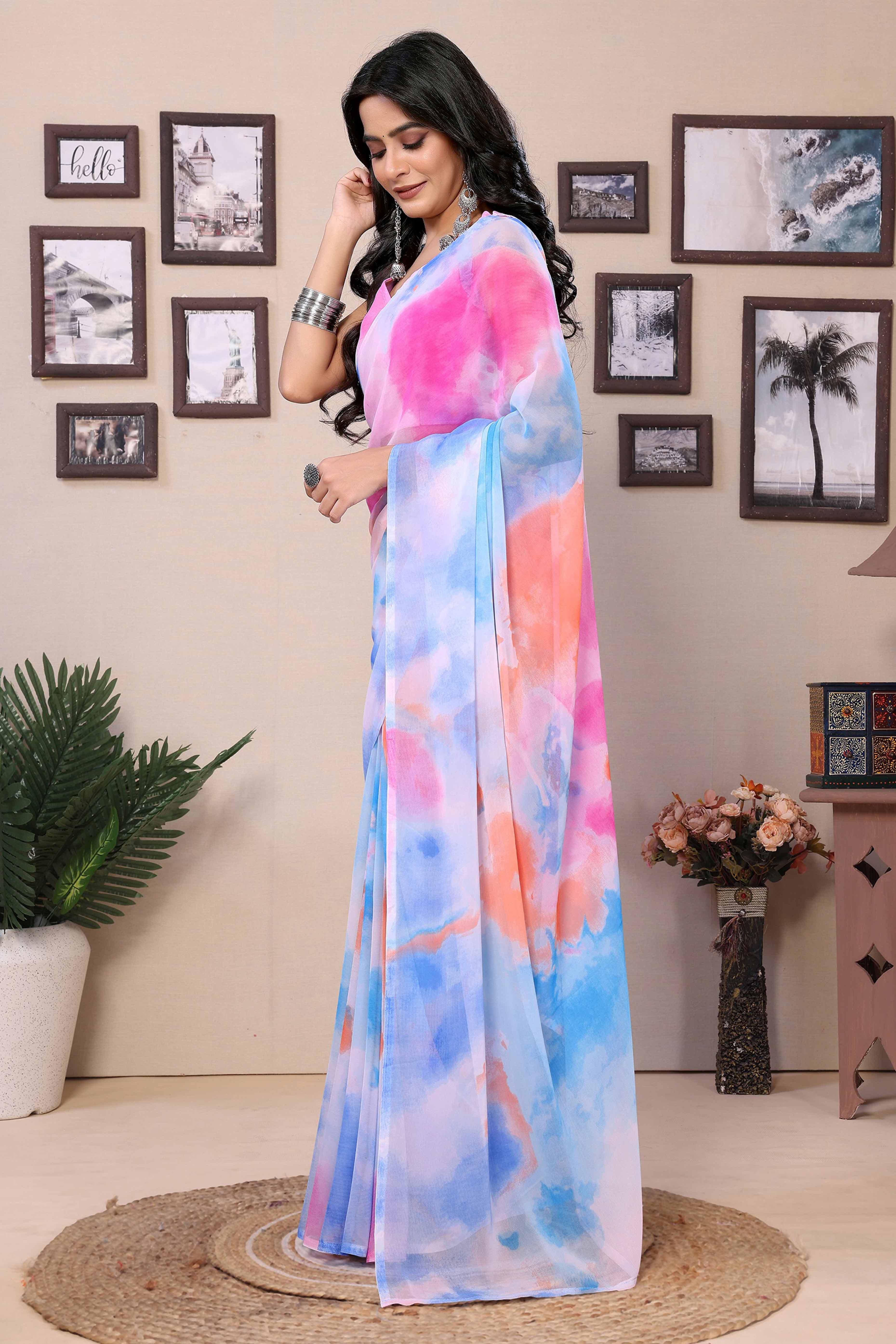 Sky Blue & Pink Printed Georgette Ready To Wear Ombre Saree