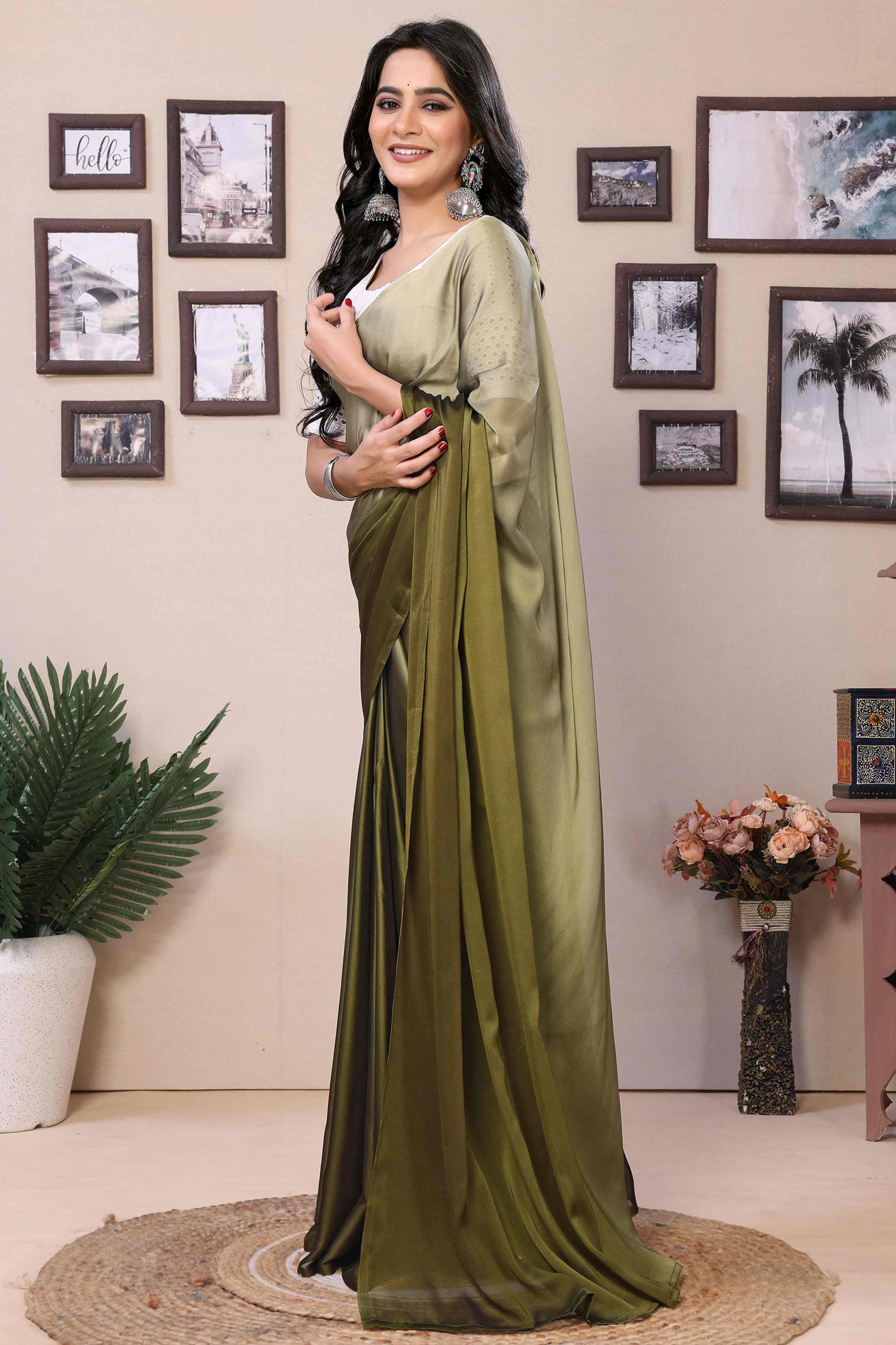 Mehendi Green Solid Satin Ready To Wear Ombre Saree