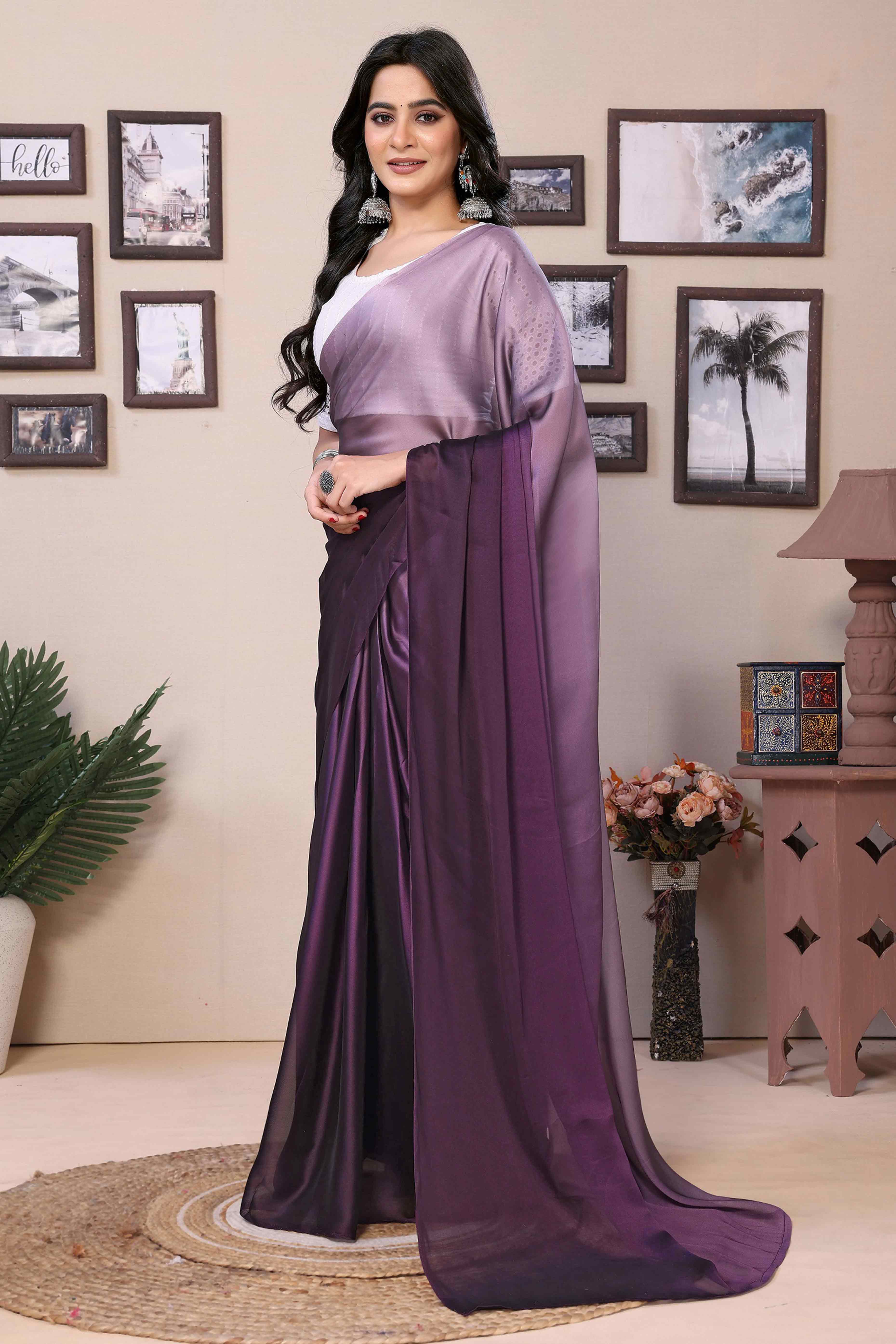 Purple Solid Satin Ready To Wear Ombre Saree