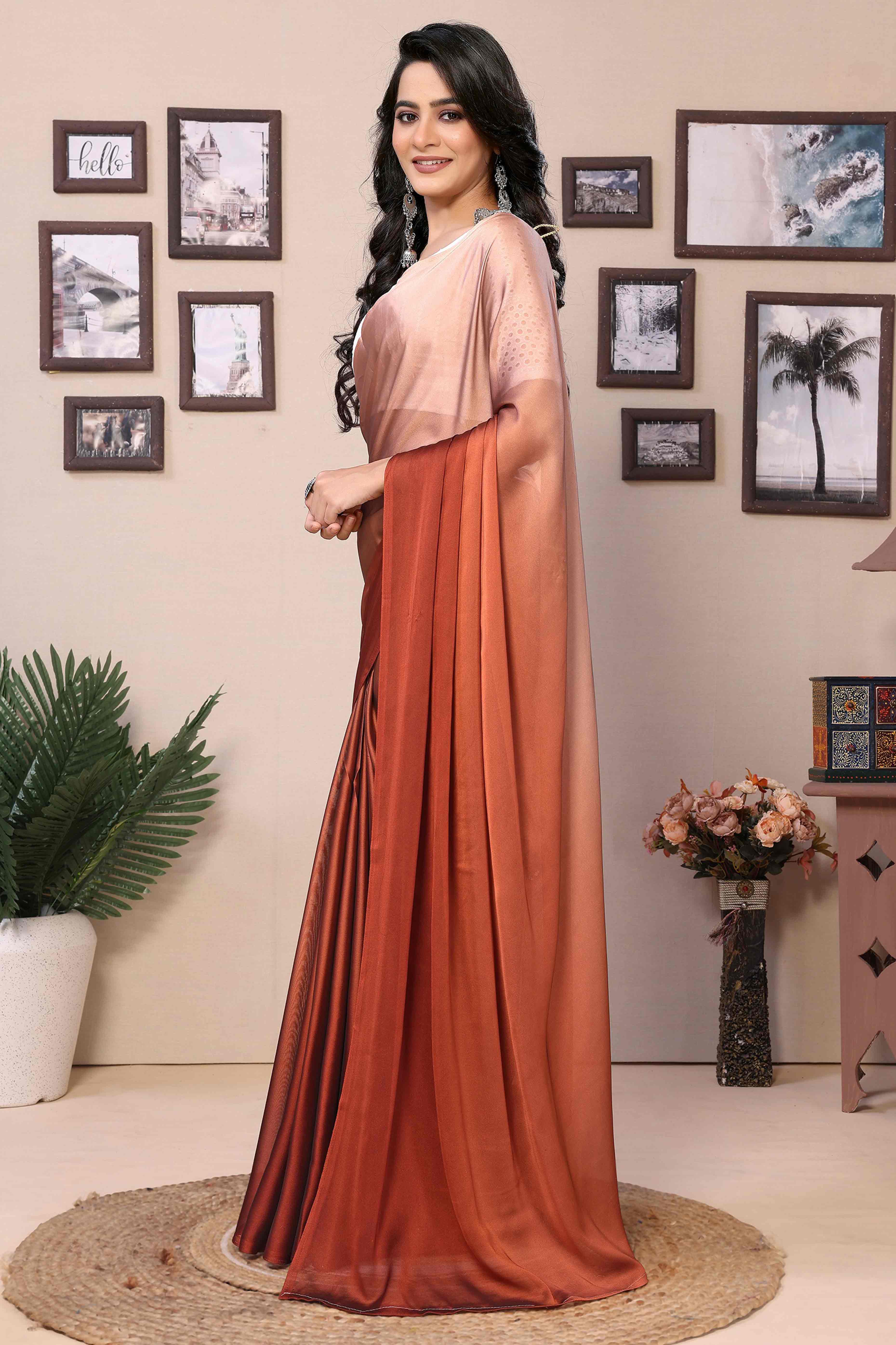 Rust Solid Satin Ready To Wear Ombre Saree