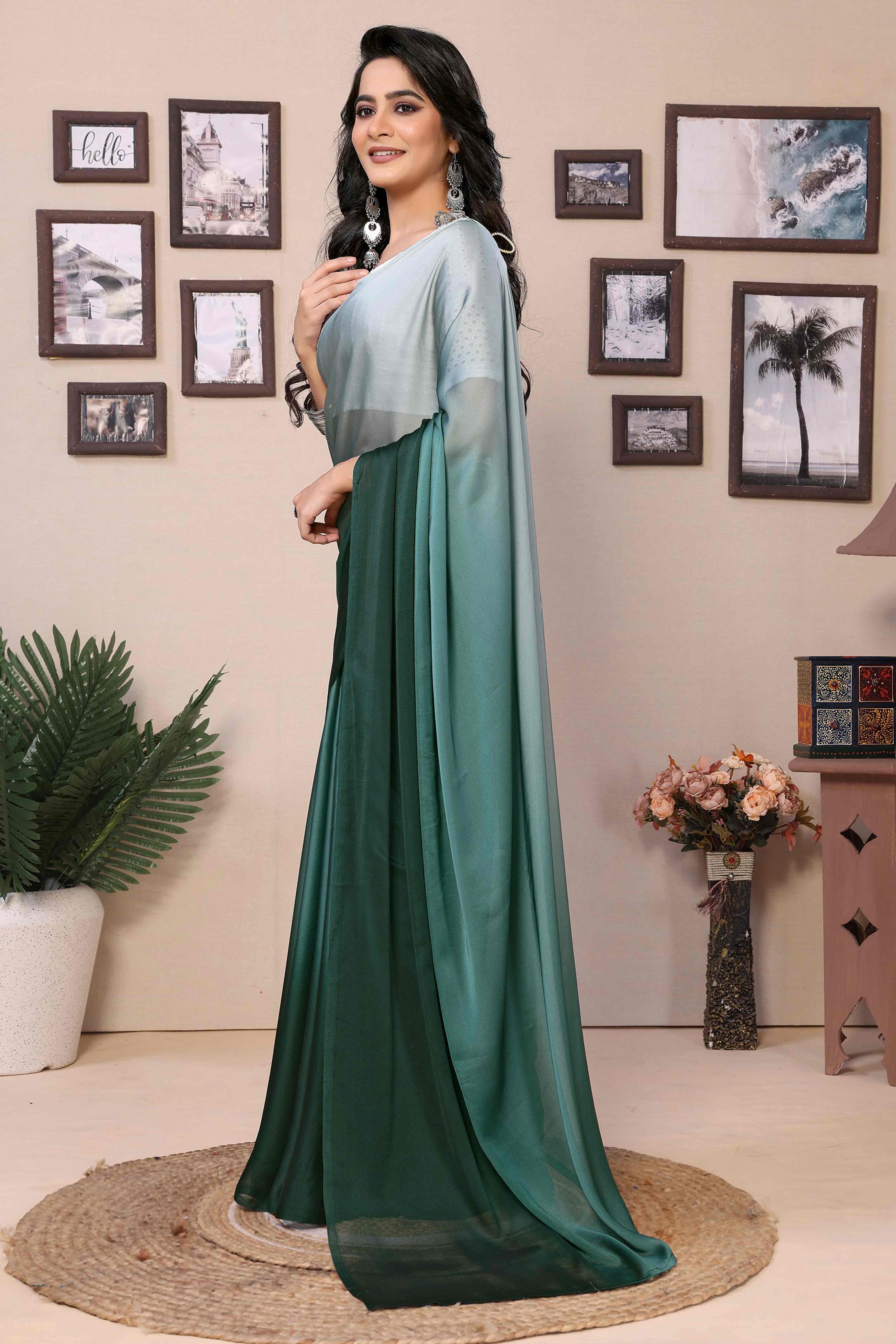 Green Solid Satin Ready To Wear Ombre Saree