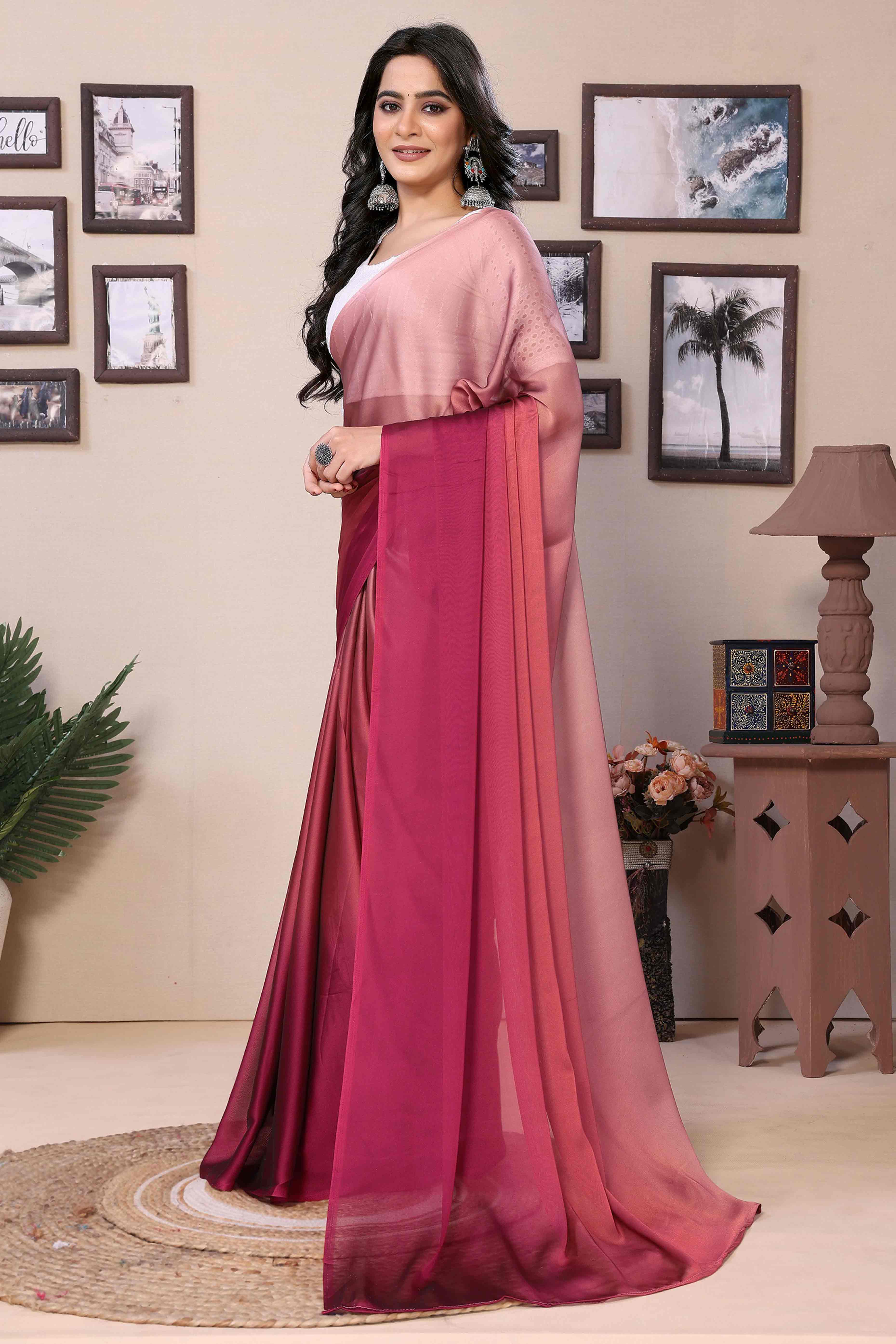 Magenta Solid Satin Ready To Wear Ombre Saree