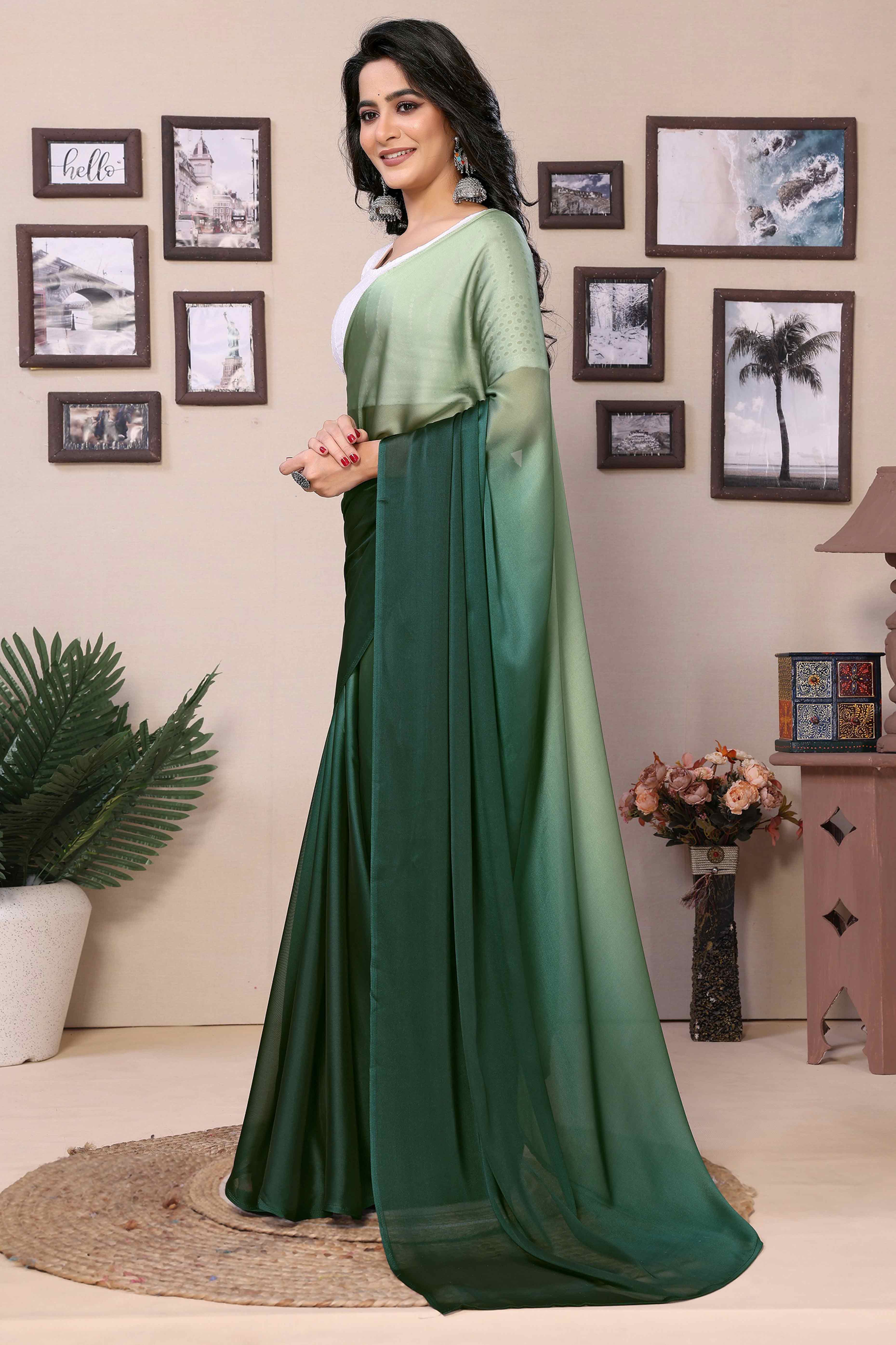 Green Solid Satin Ready To Wear Ombre Saree