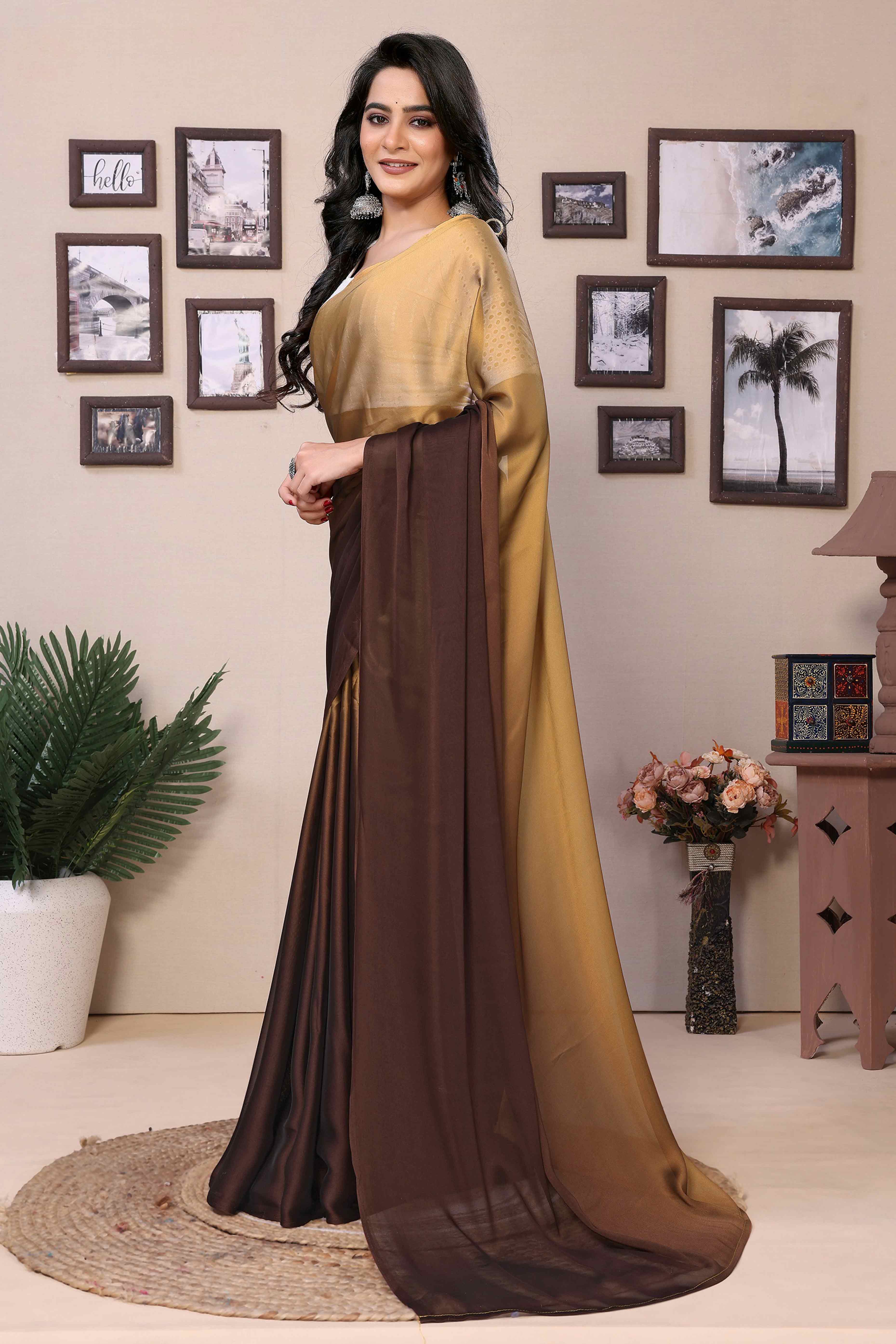 Brown Solid Satin Ready To Wear Ombre Saree