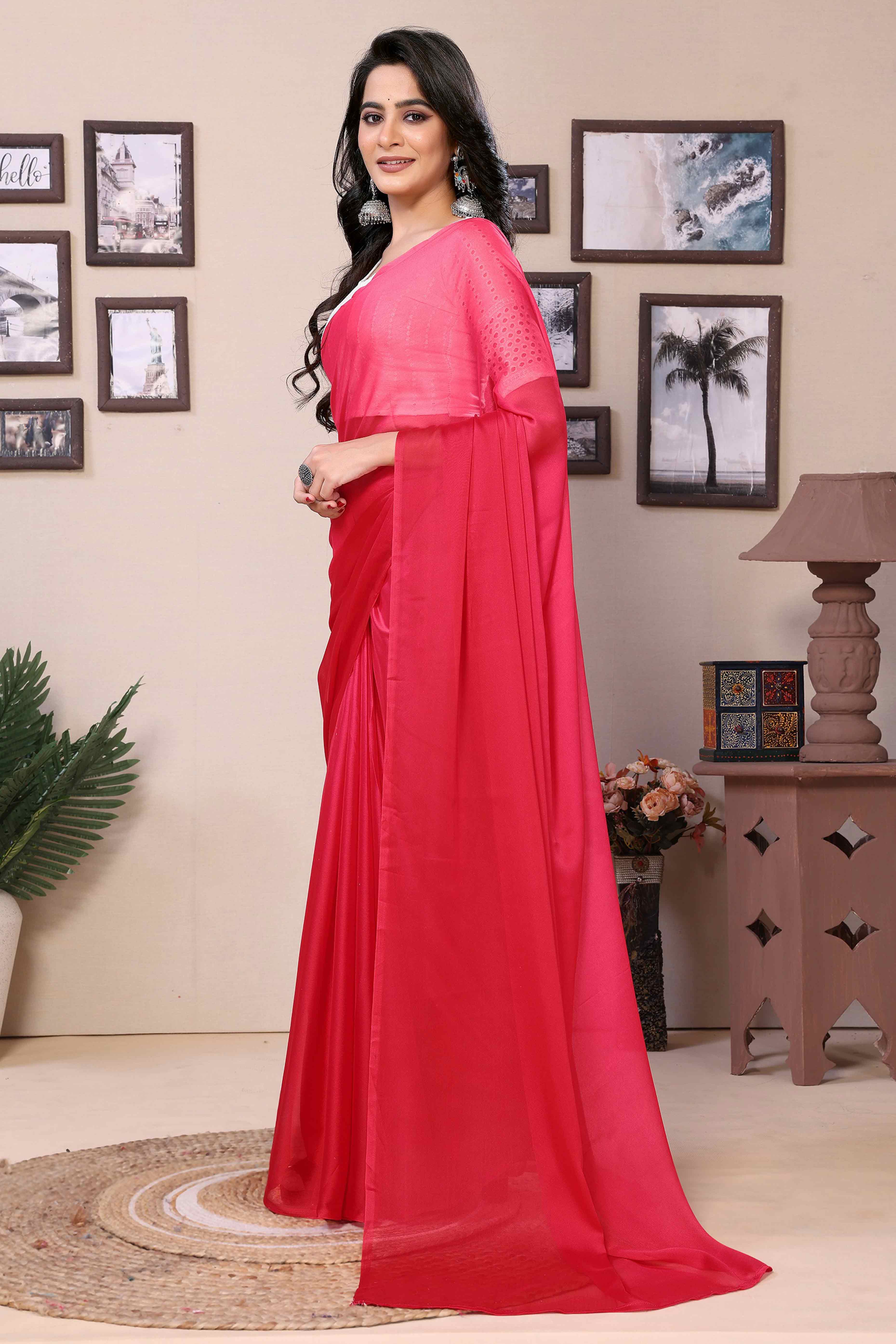 Pink Solid Satin Ready To Wear Ombre Saree