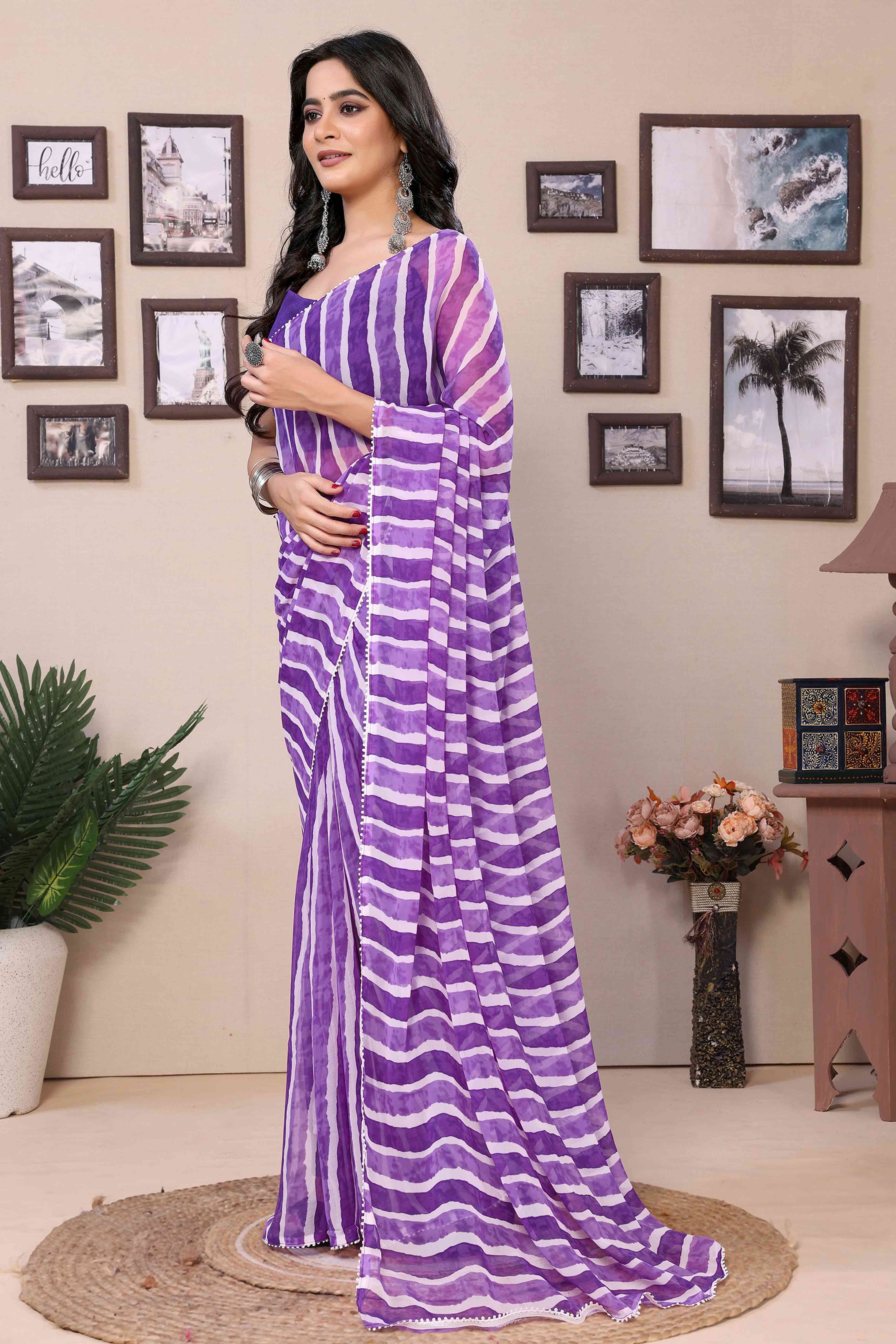 Violet Striped Printed Georgette Ready To Wear Saree