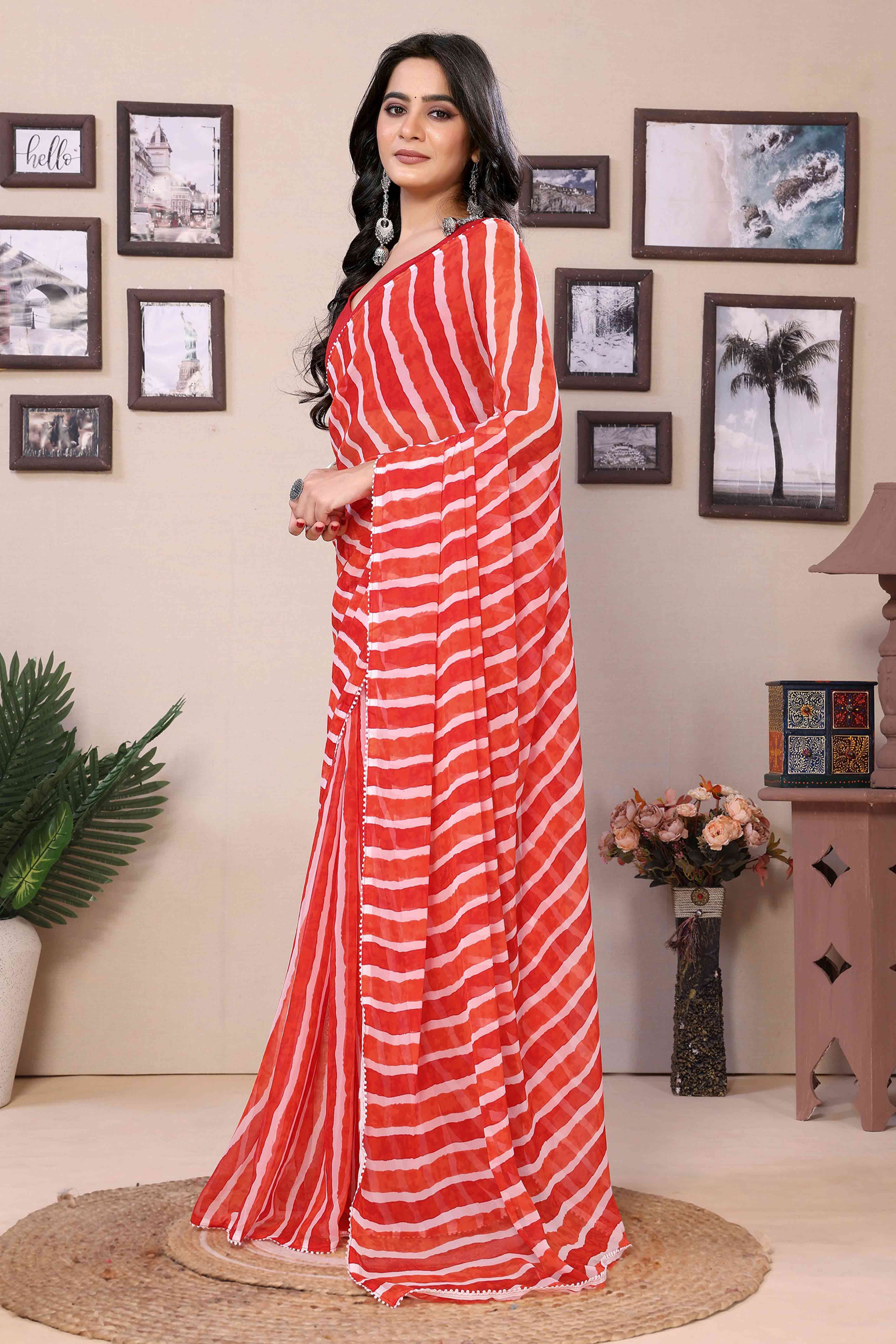 Red Striped Printed Georgette Ready To Wear Saree