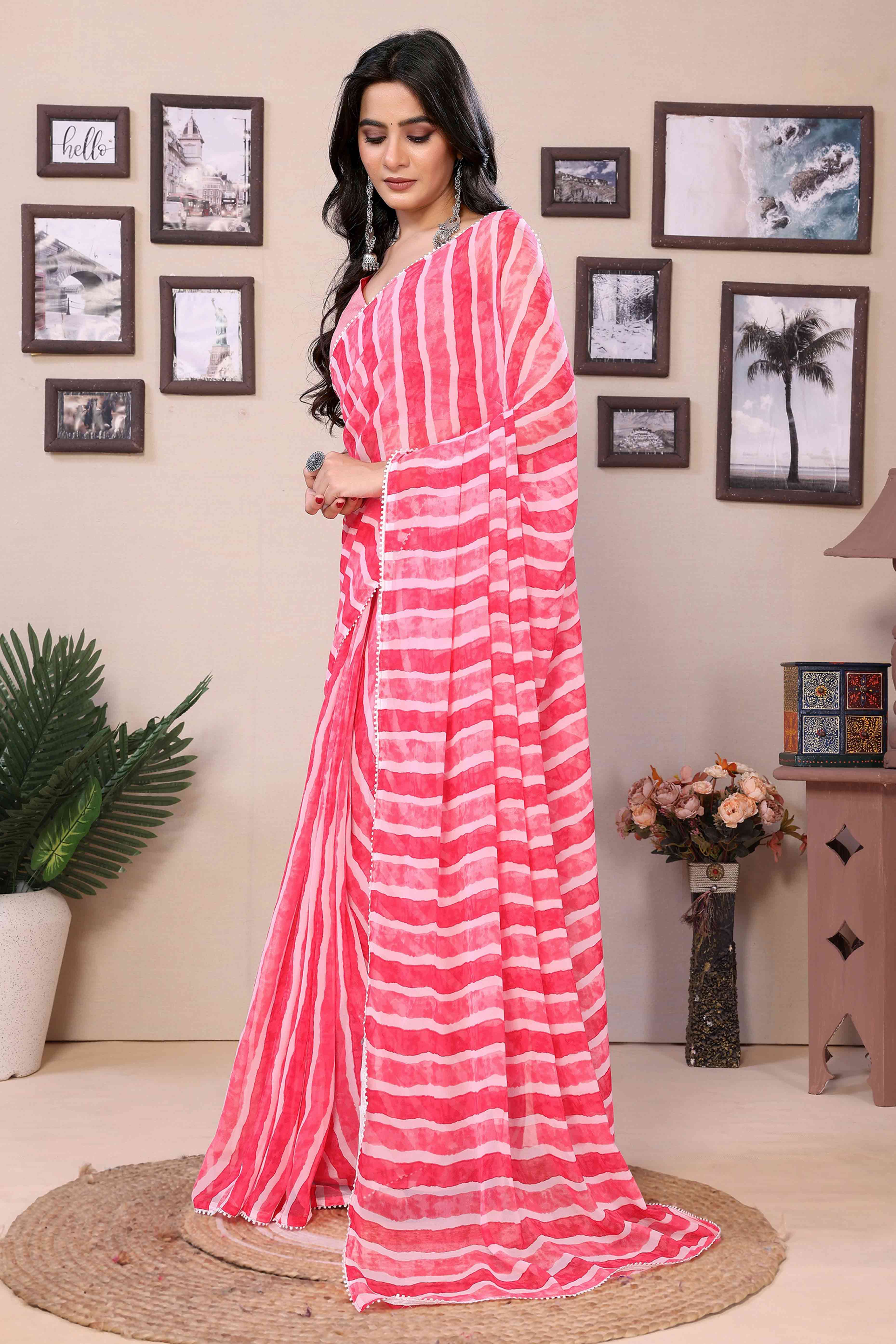 Pink Striped Printed Georgette Ready To Wear Saree