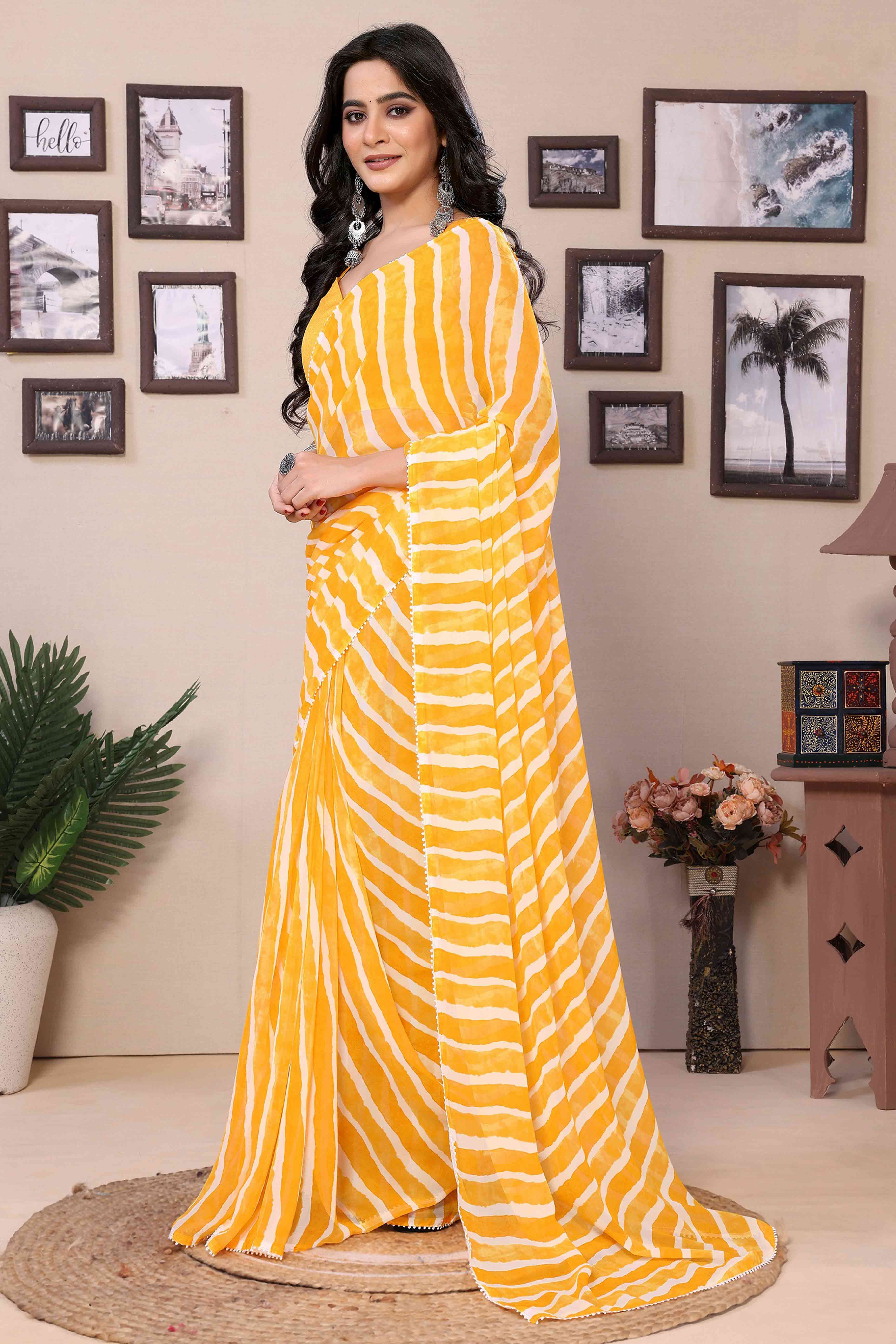 Yellow Striped Printed Georgette Ready To Wear Saree