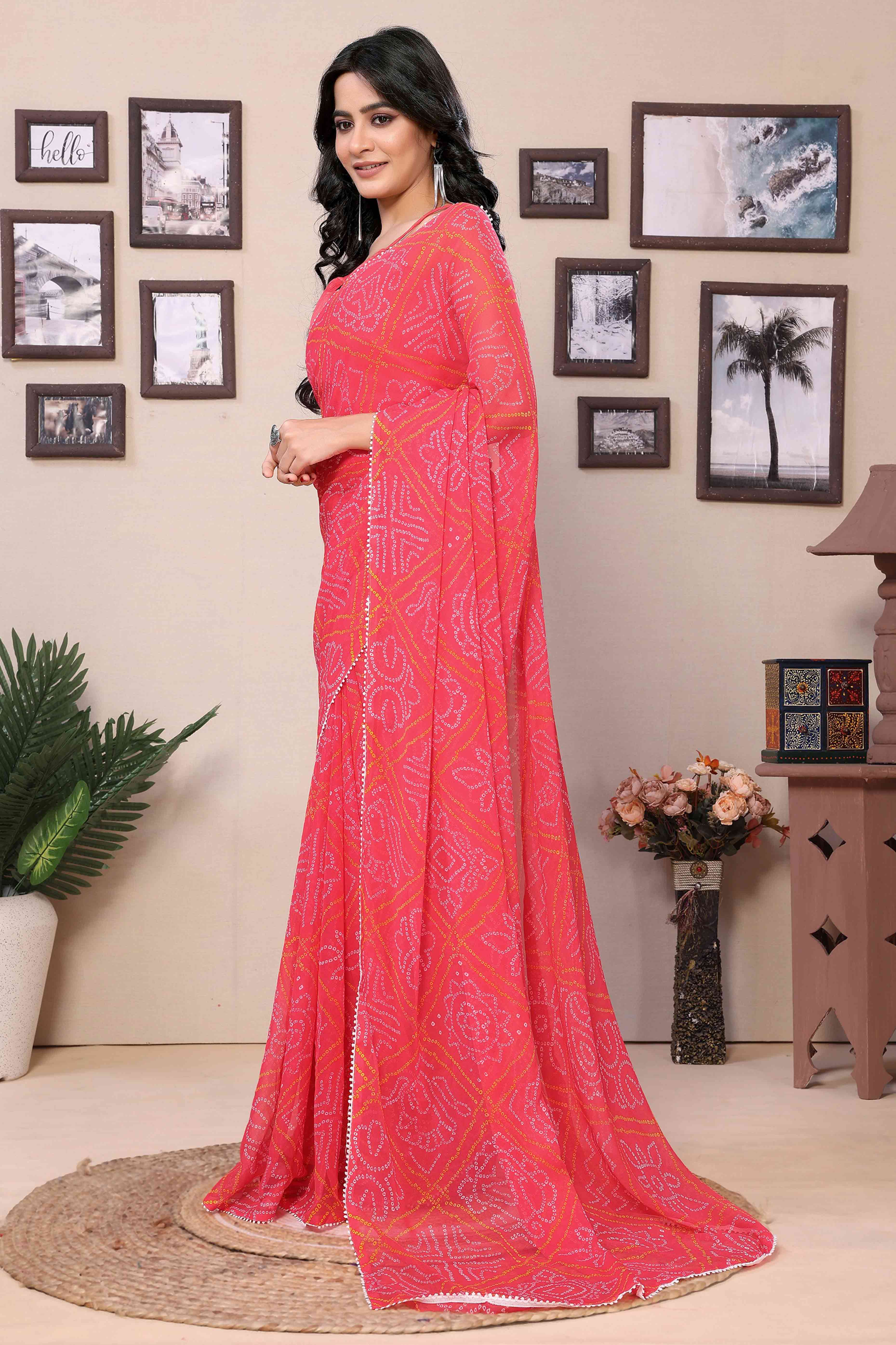 Pink Bandhani Printed Georgette Ready To Wear Saree