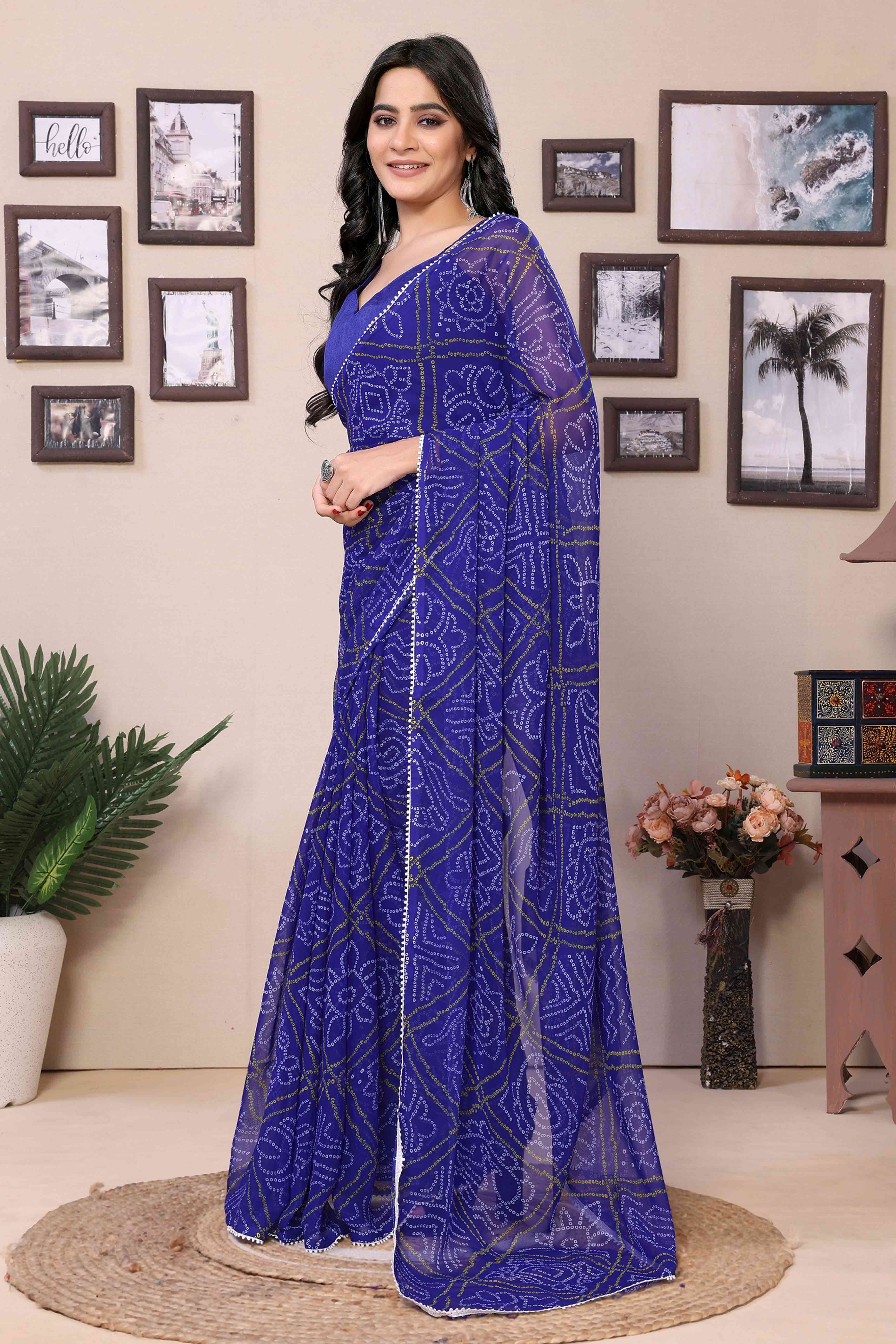 Blue Bandhani Printed Georgette Ready To Wear Saree