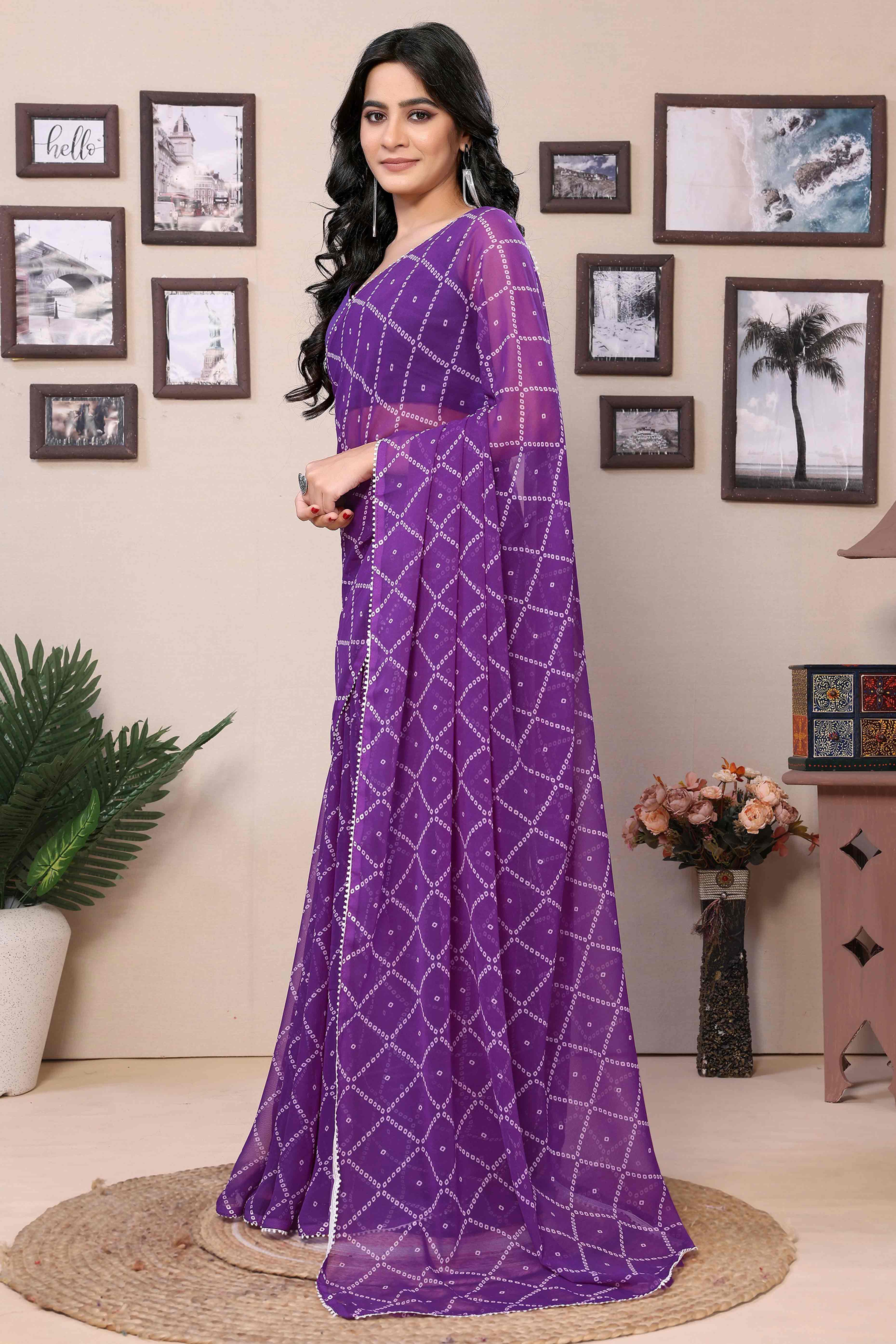 Purple Bandhani Printed Georgette Ready To Wear Saree