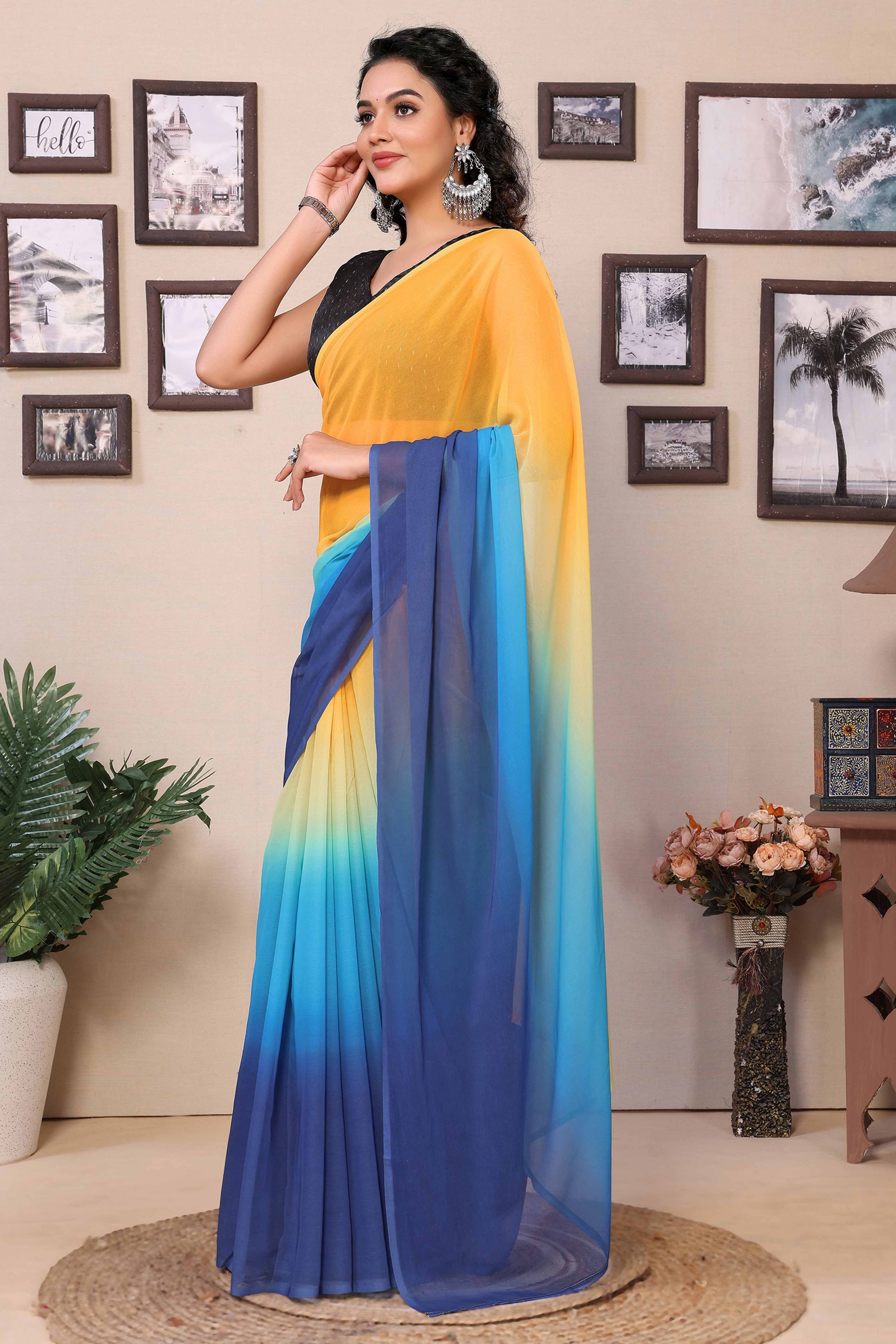 Yellow & Blue Solid Georgette Ready To Wear Ombre Saree