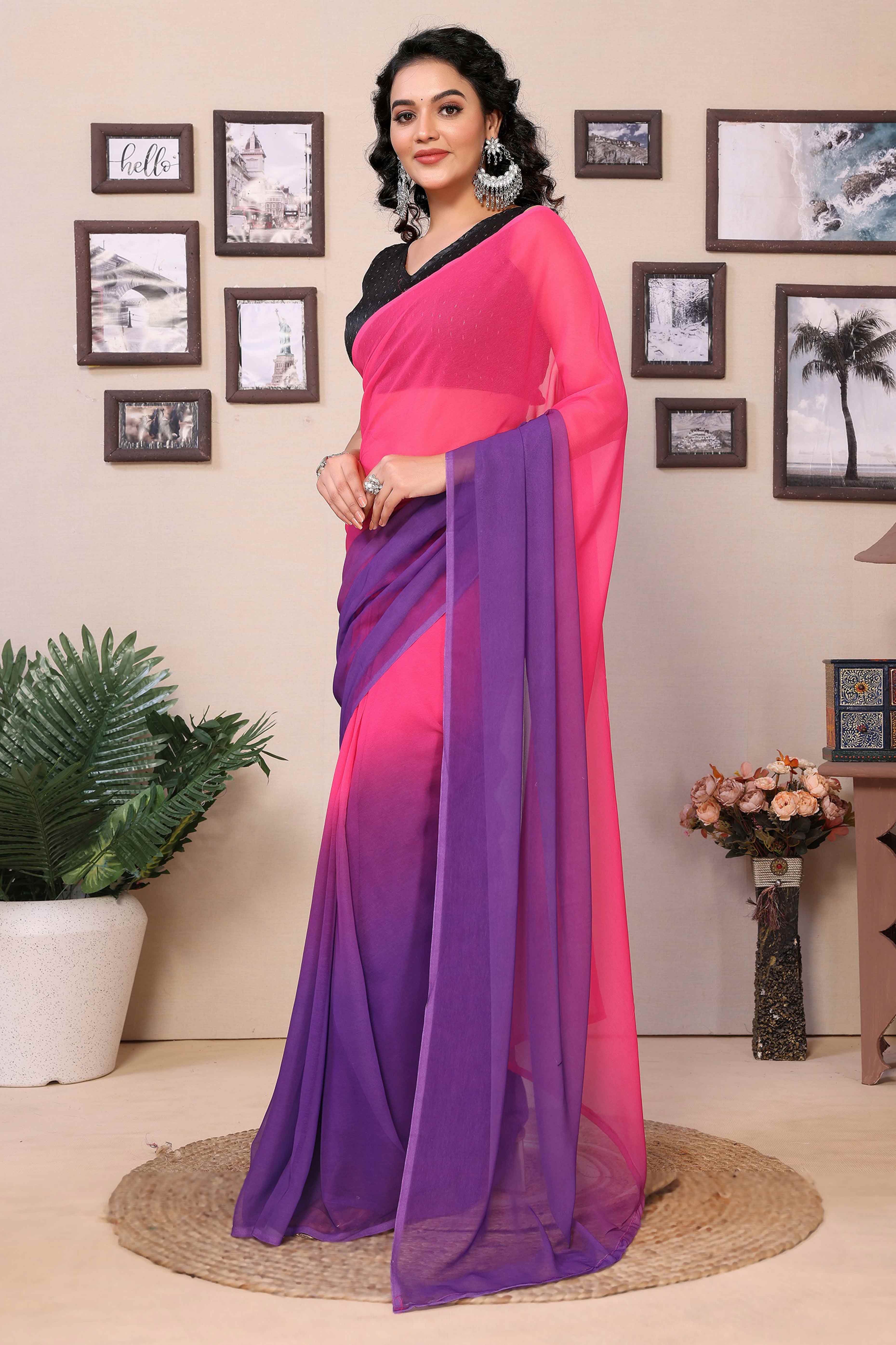 Pink & Purple Solid Georgette Ready To Wear Ombre Saree