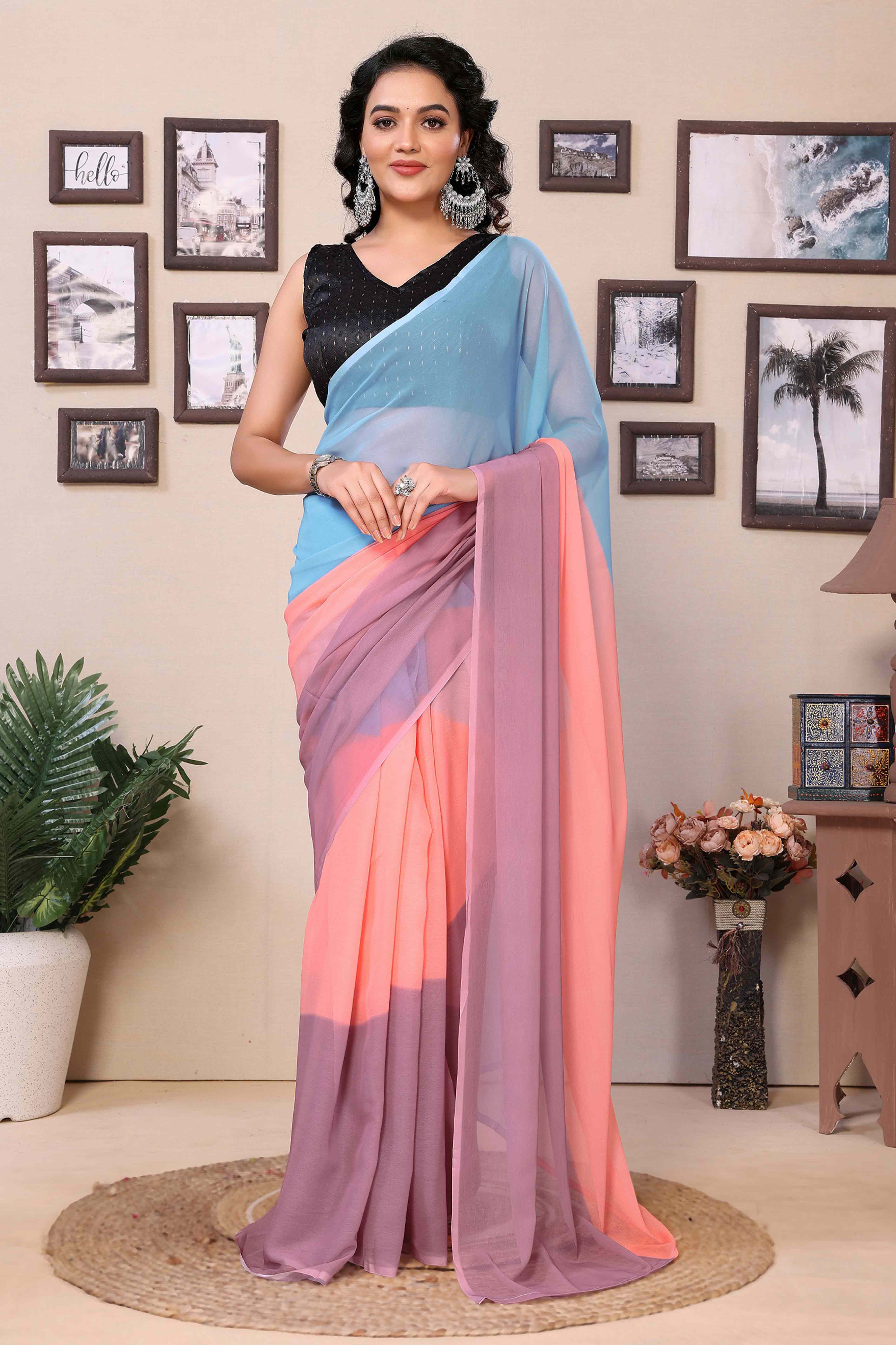 Multicolor Striped Printed Georgette Ready To Wear Saree