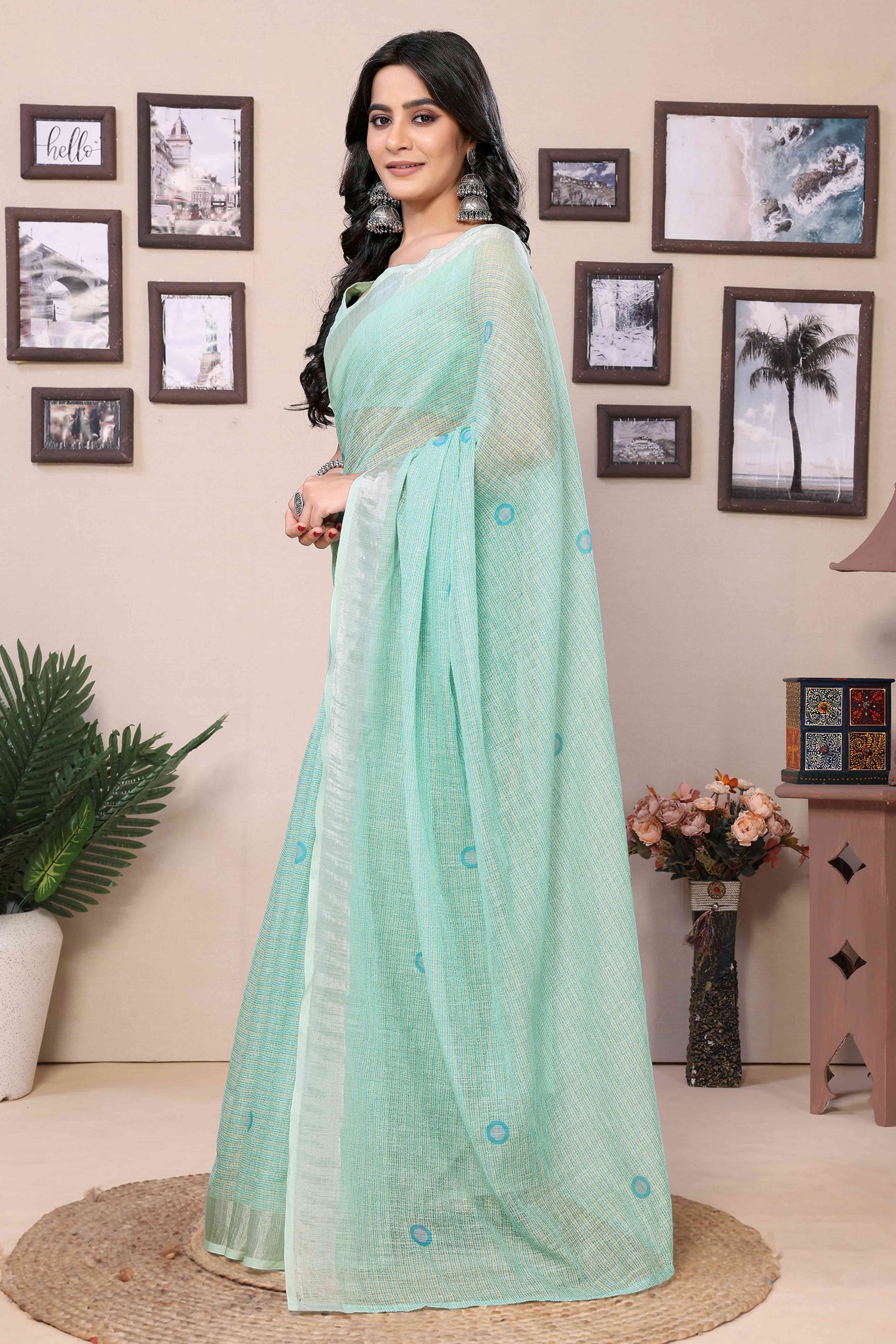 Sea Green Geometric Digital Printed Cotton Blend Ready To Wear Saree
