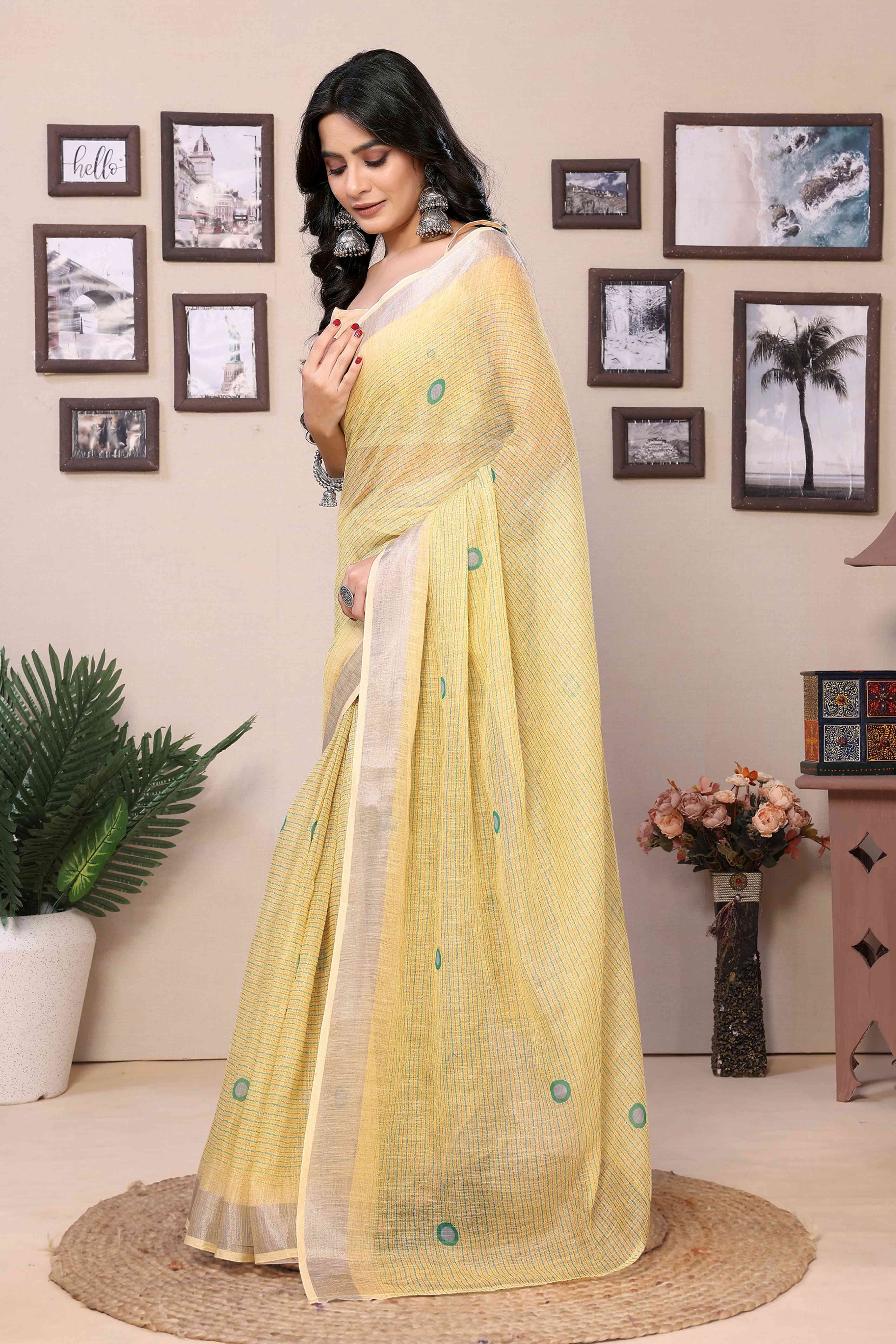 Yellow Geometric Digital Printed Cotton Blend Ready To Wear Saree
