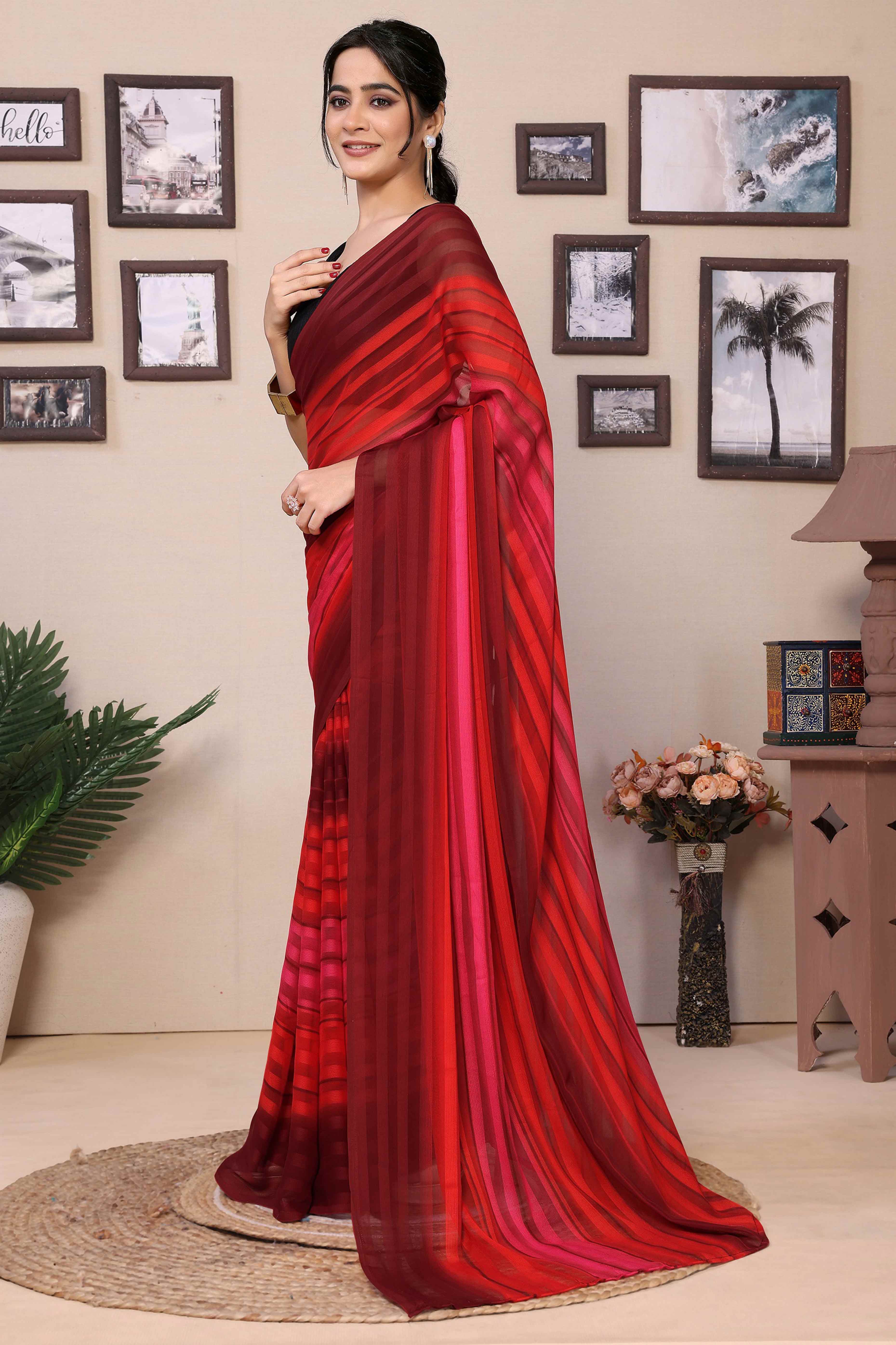 Red Striped Printed Georgette Satin Patta Ready To Wear Saree