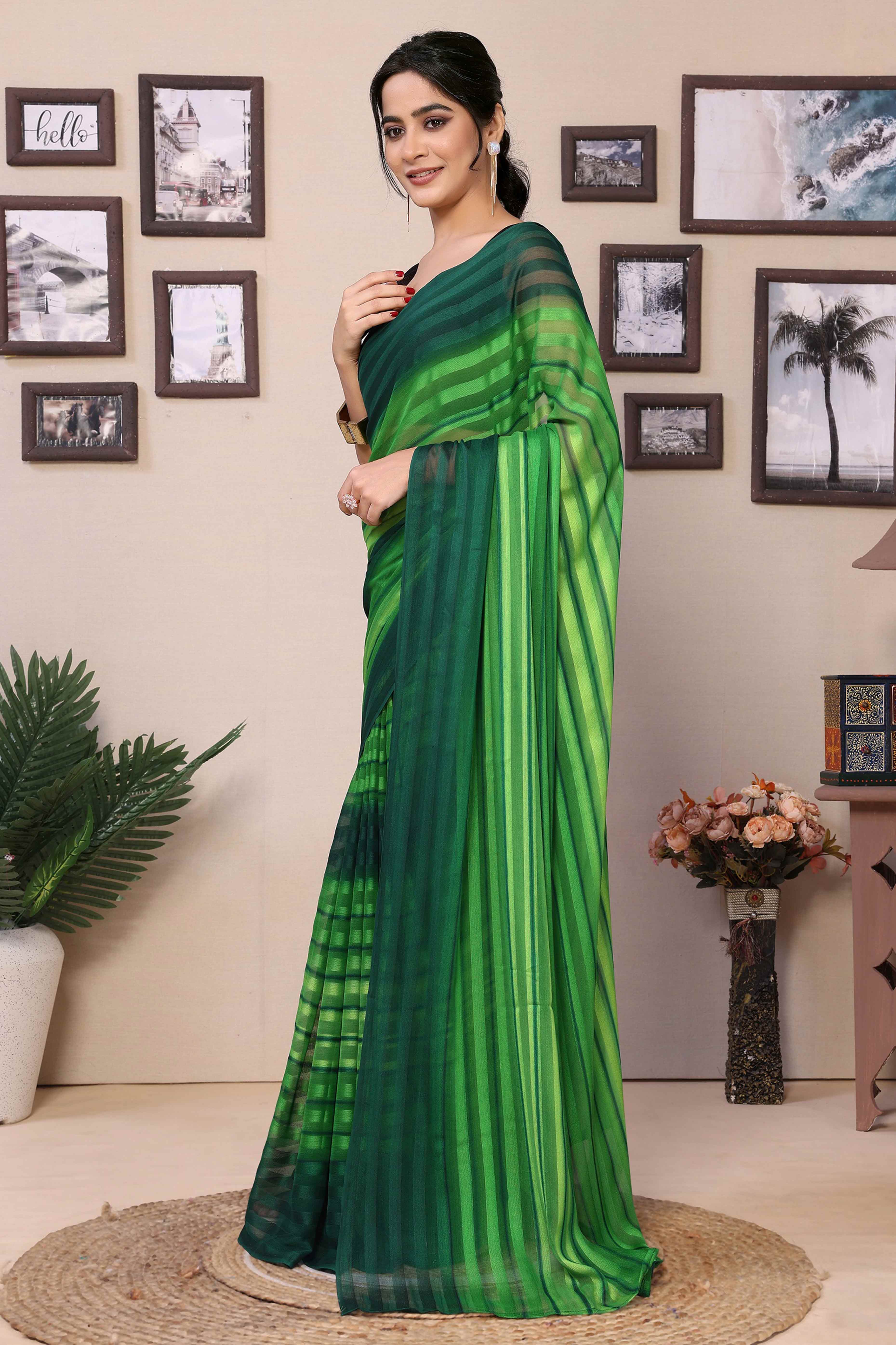 Green Striped Printed Georgette Satin Patta Ready To Wear Saree