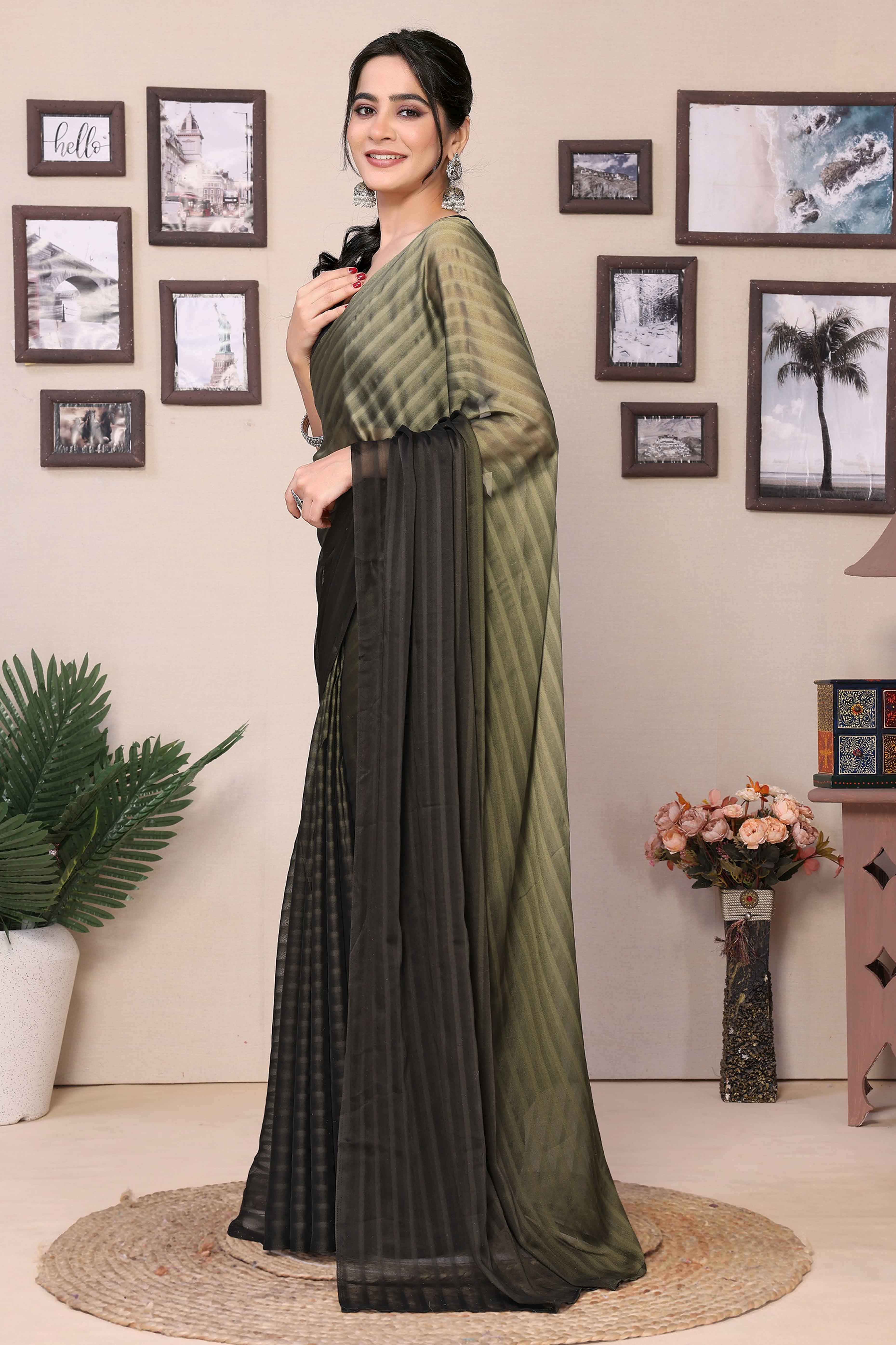 Olive & Black Striped Printed Georgette Satin Patta Ready To Wear Saree