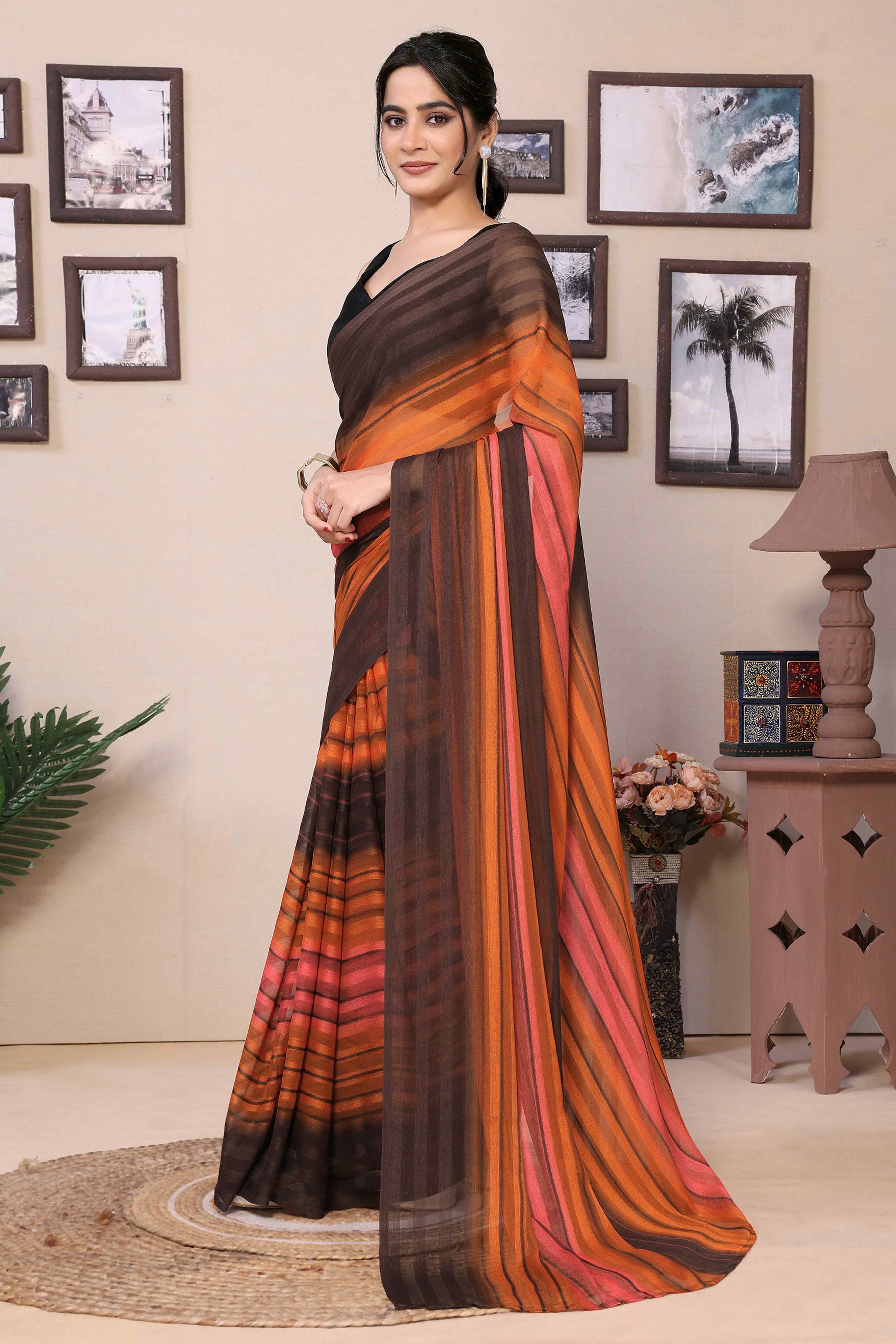 Orange Striped Printed Georgette Satin Patta Ready To Wear Saree