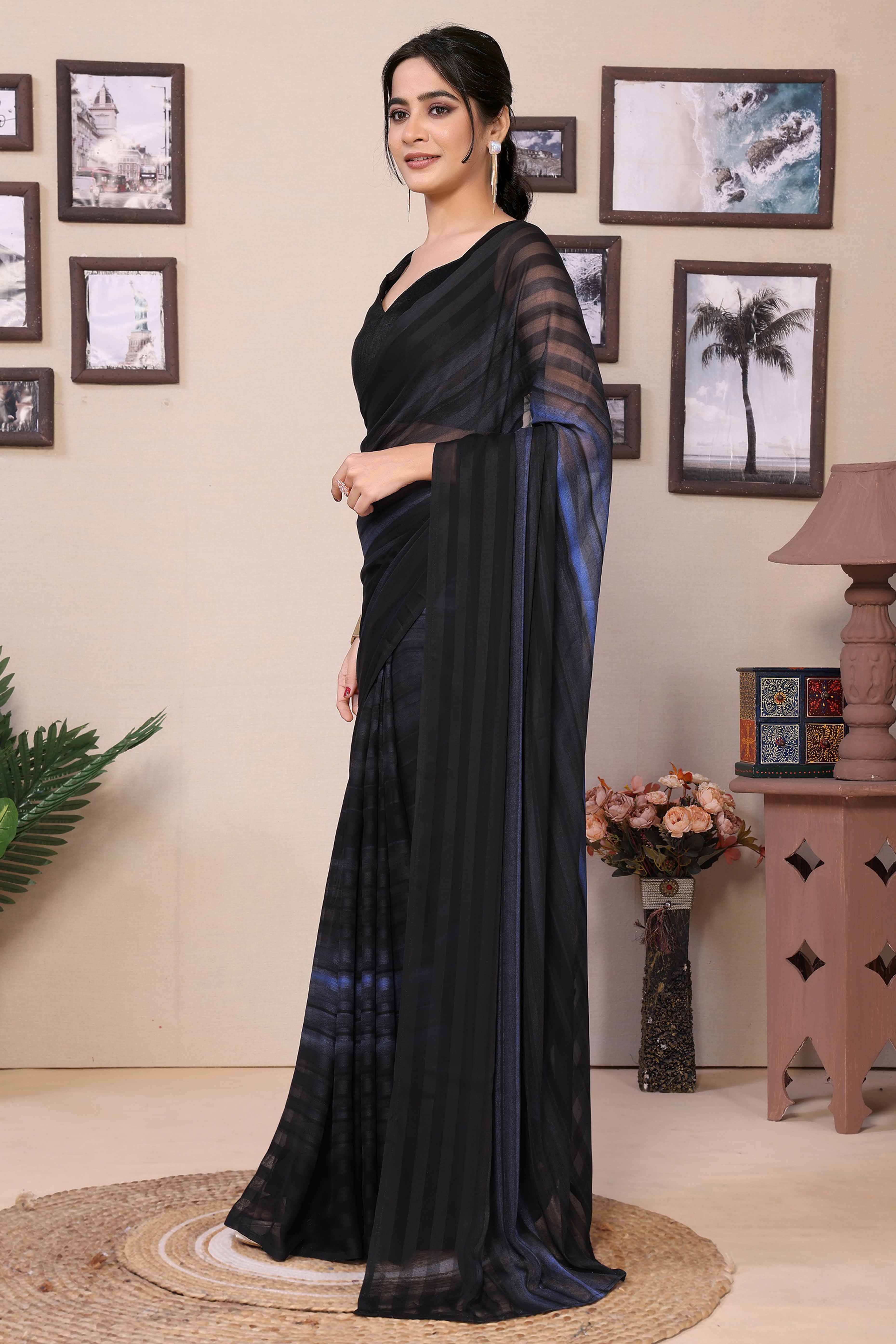 Black & Blue Striped Printed Georgette Satin Patta Ready To Wear Saree