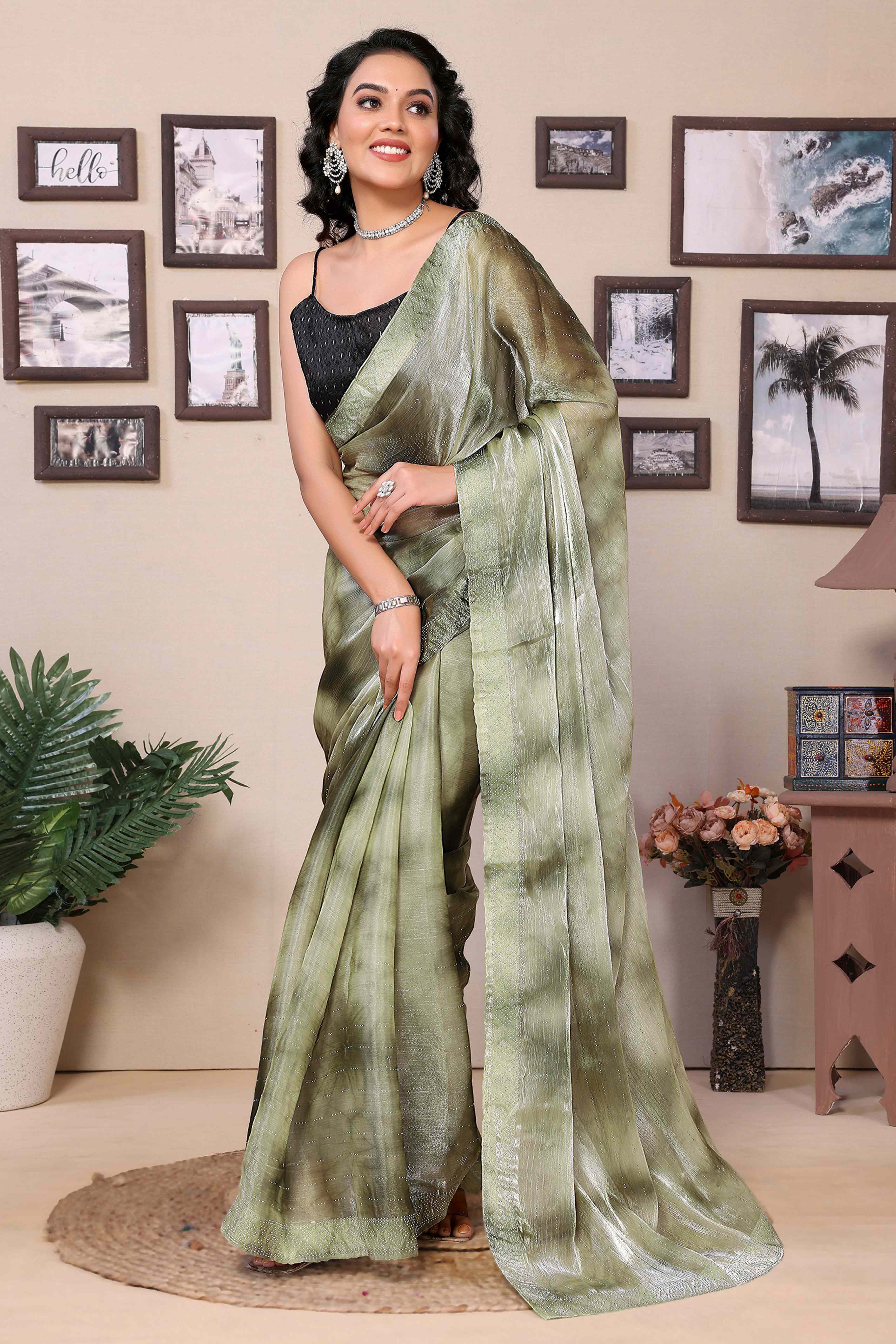 Green Printed With Diamond Work Zimmi Choo Organza Ready To Wear Saree