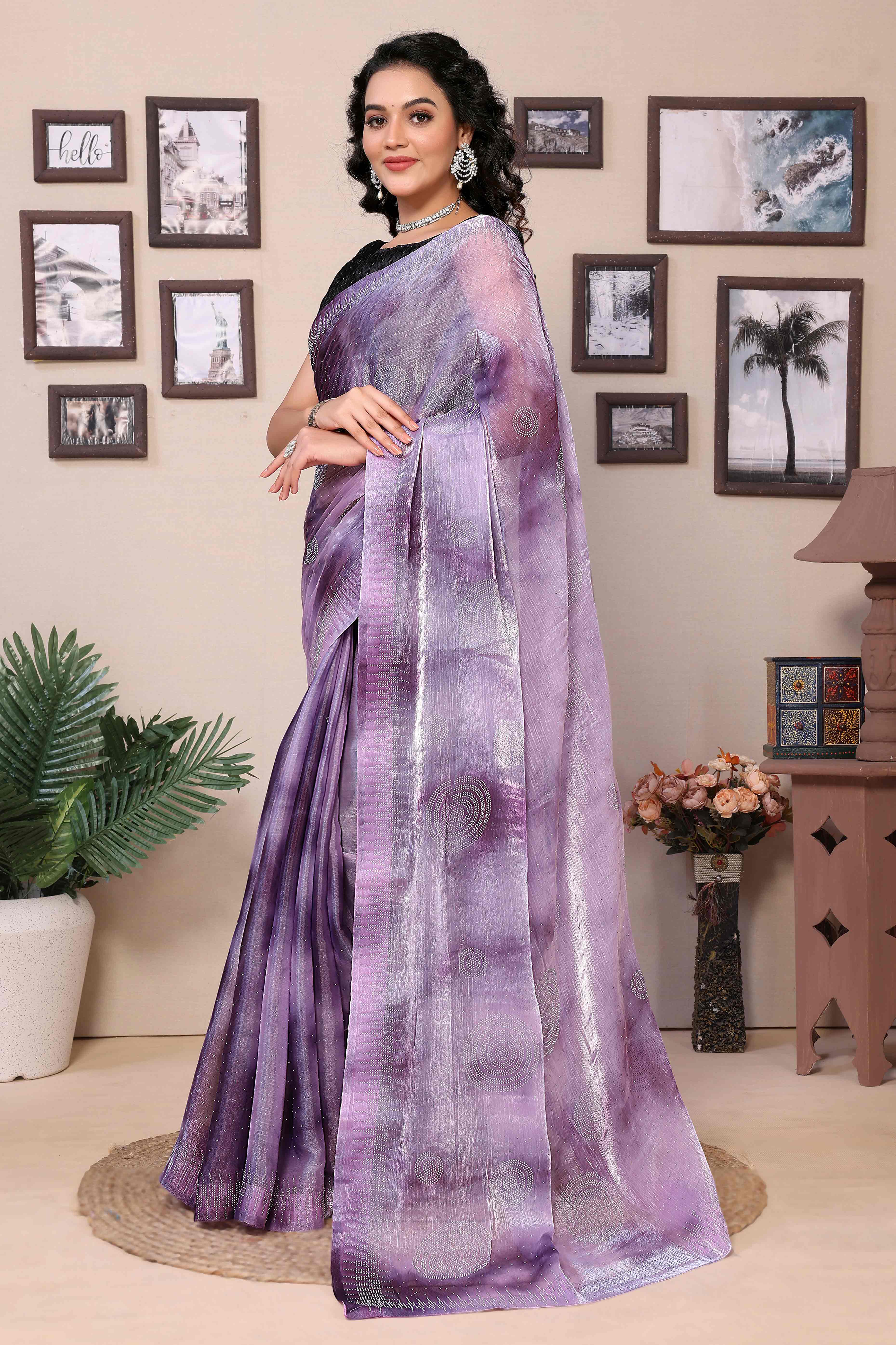 Purple Printed With Diamond Work Zimmi Choo Organza Ready To Wear Saree