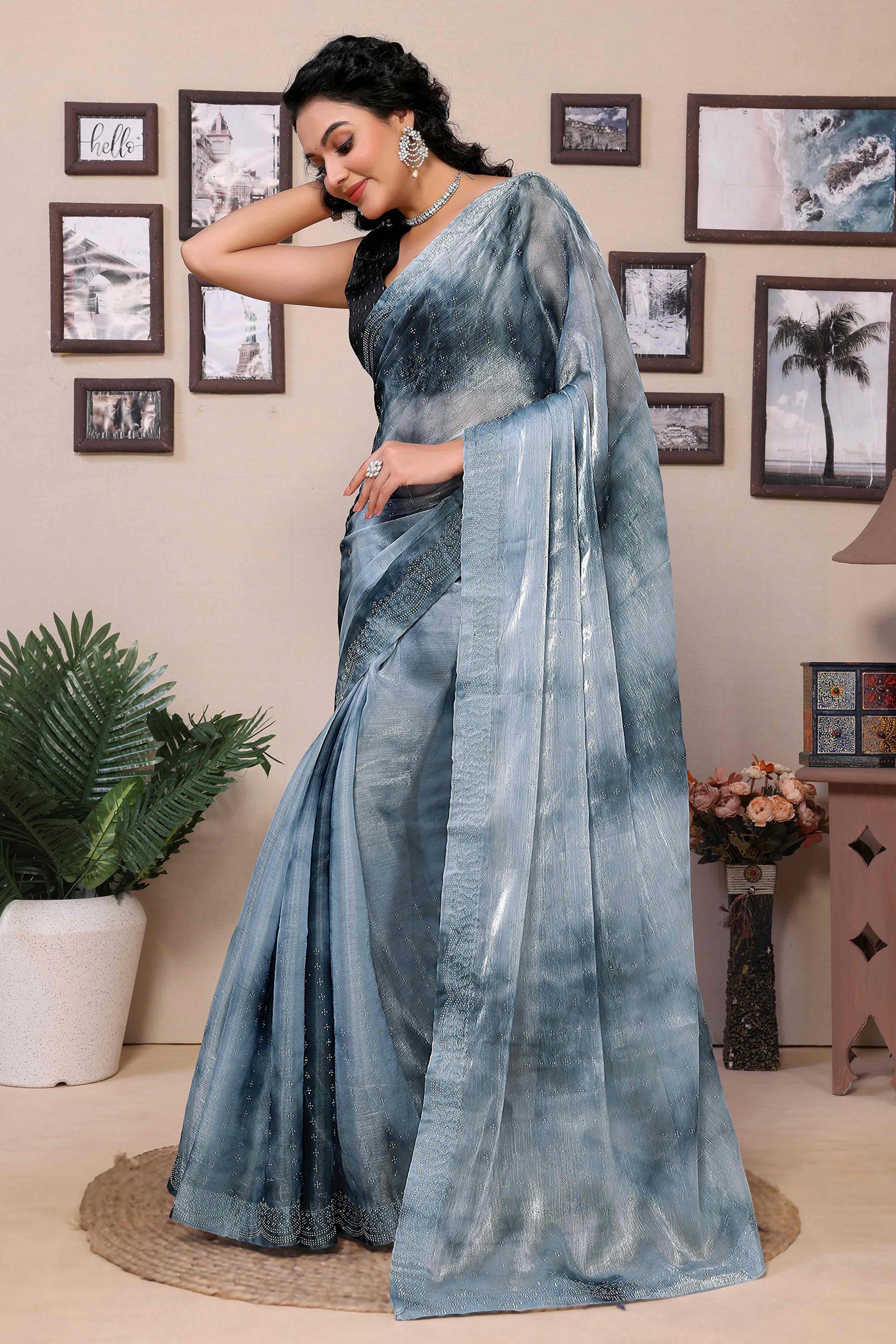 Grey Printed With Diamond Work Zimmi Choo Organza Ready To Wear Saree