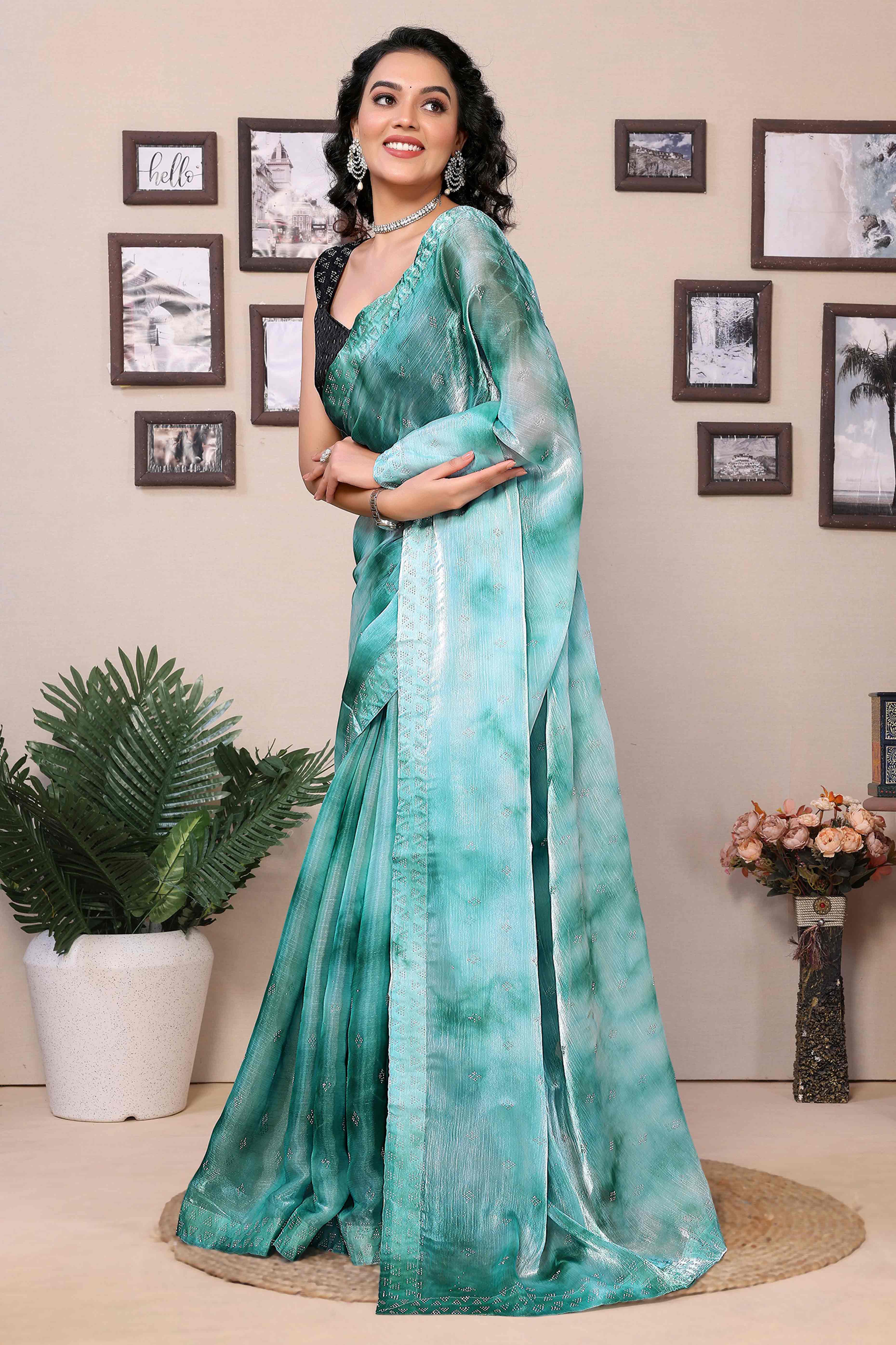 Aqua Blue Printed With Diamond Work Zimmi Choo Organza Ready To Wear Saree