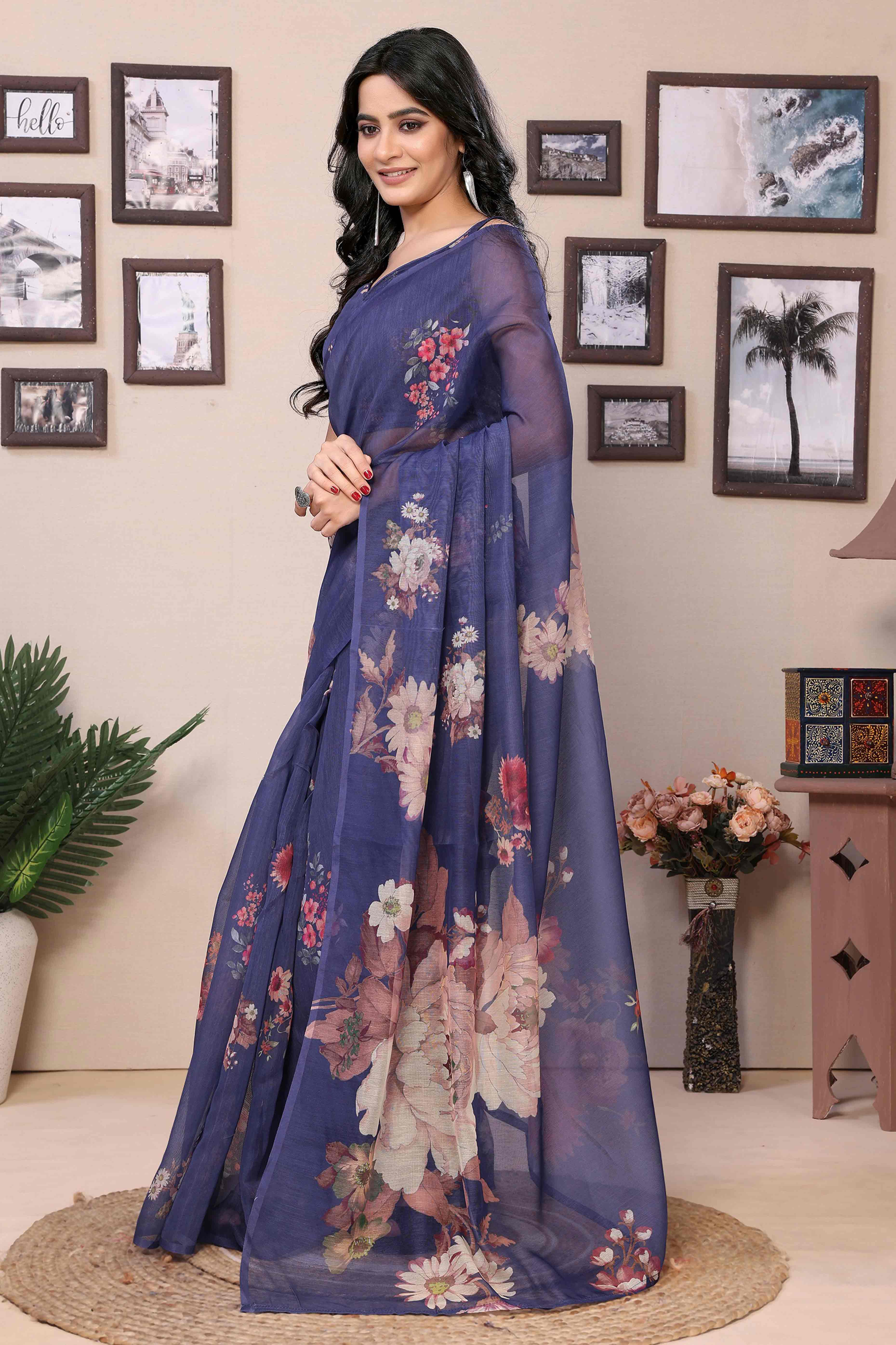 Blue Digital Printed Cotton Blend Ready To Wear Saree