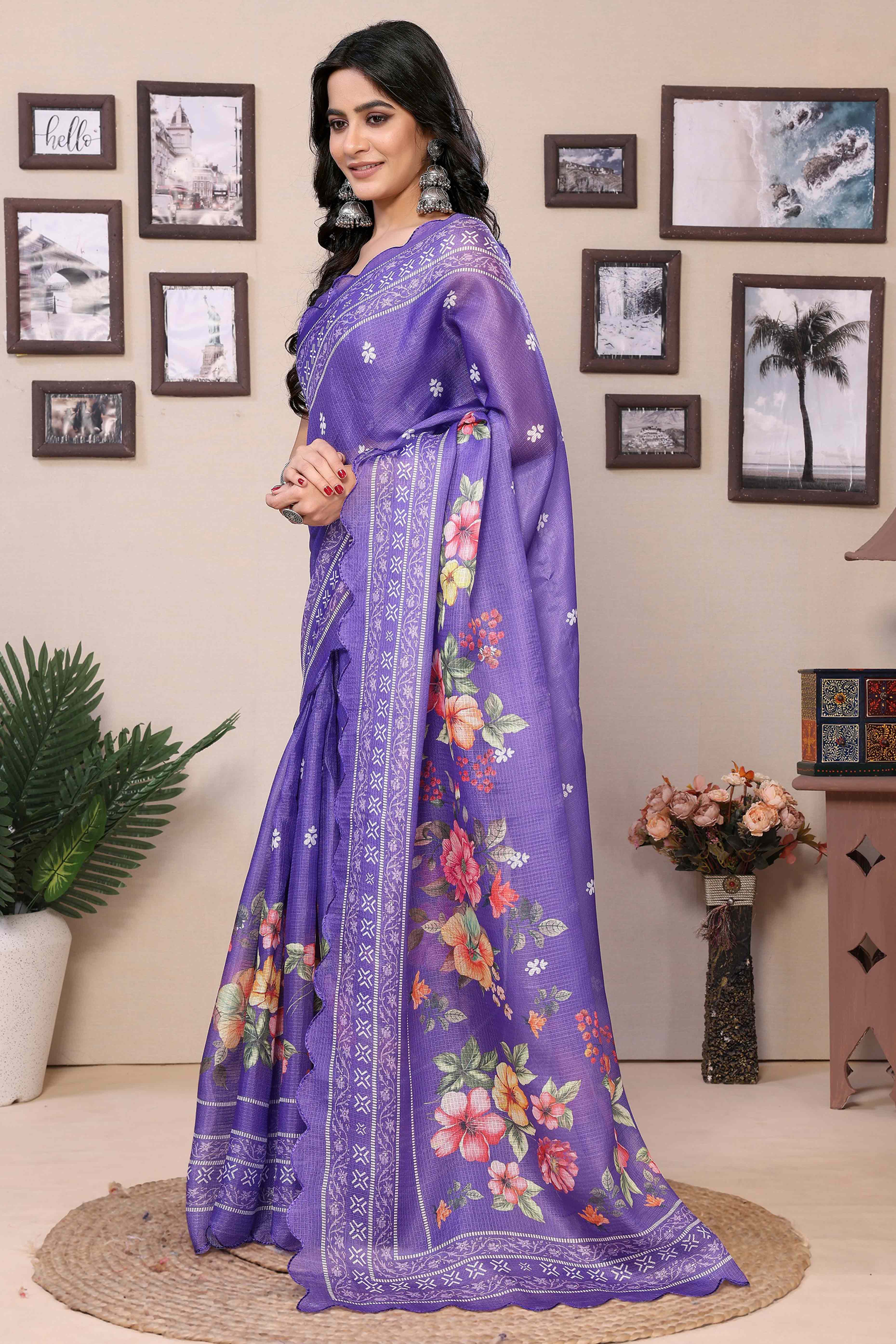Purple Floral Digital Printed Kota Doria Ready To Wear Saree