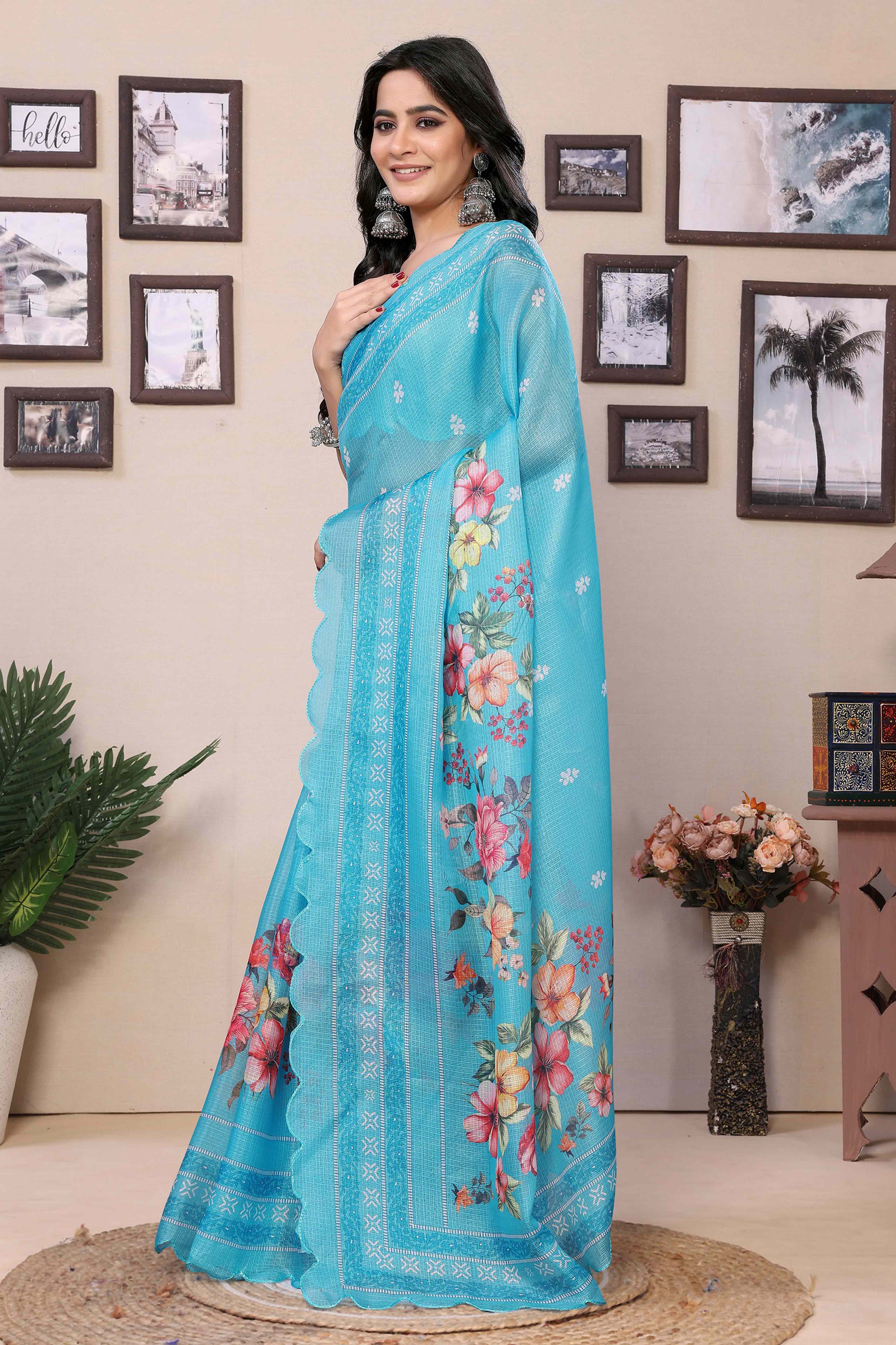 Blue Floral Digital Printed Kota Doria Ready To Wear Saree