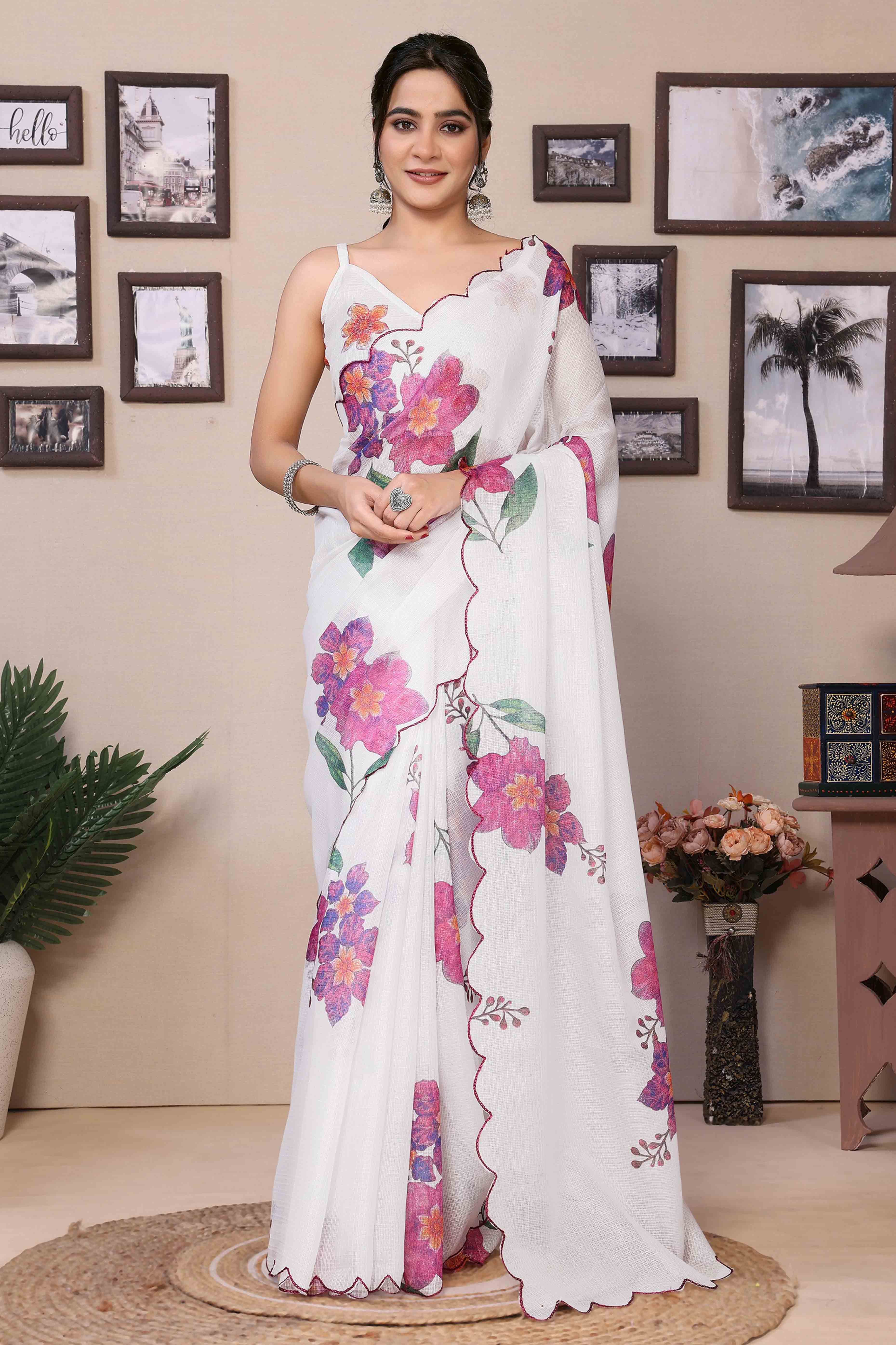 White Floral Digital Printed Kota Doria Ready To Wear Saree