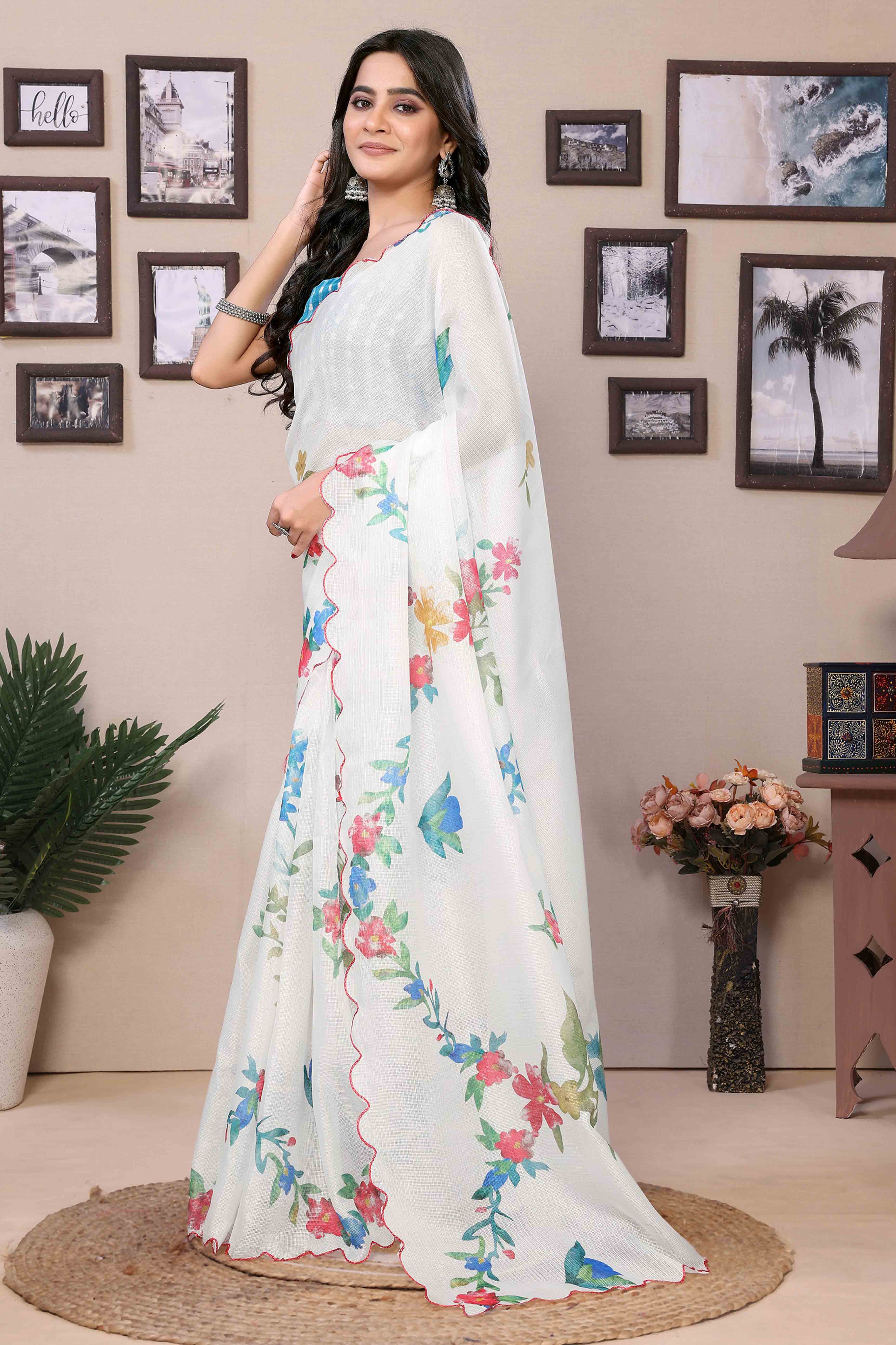 White Floral Digital Printed Kota Doria Ready To Wear Saree