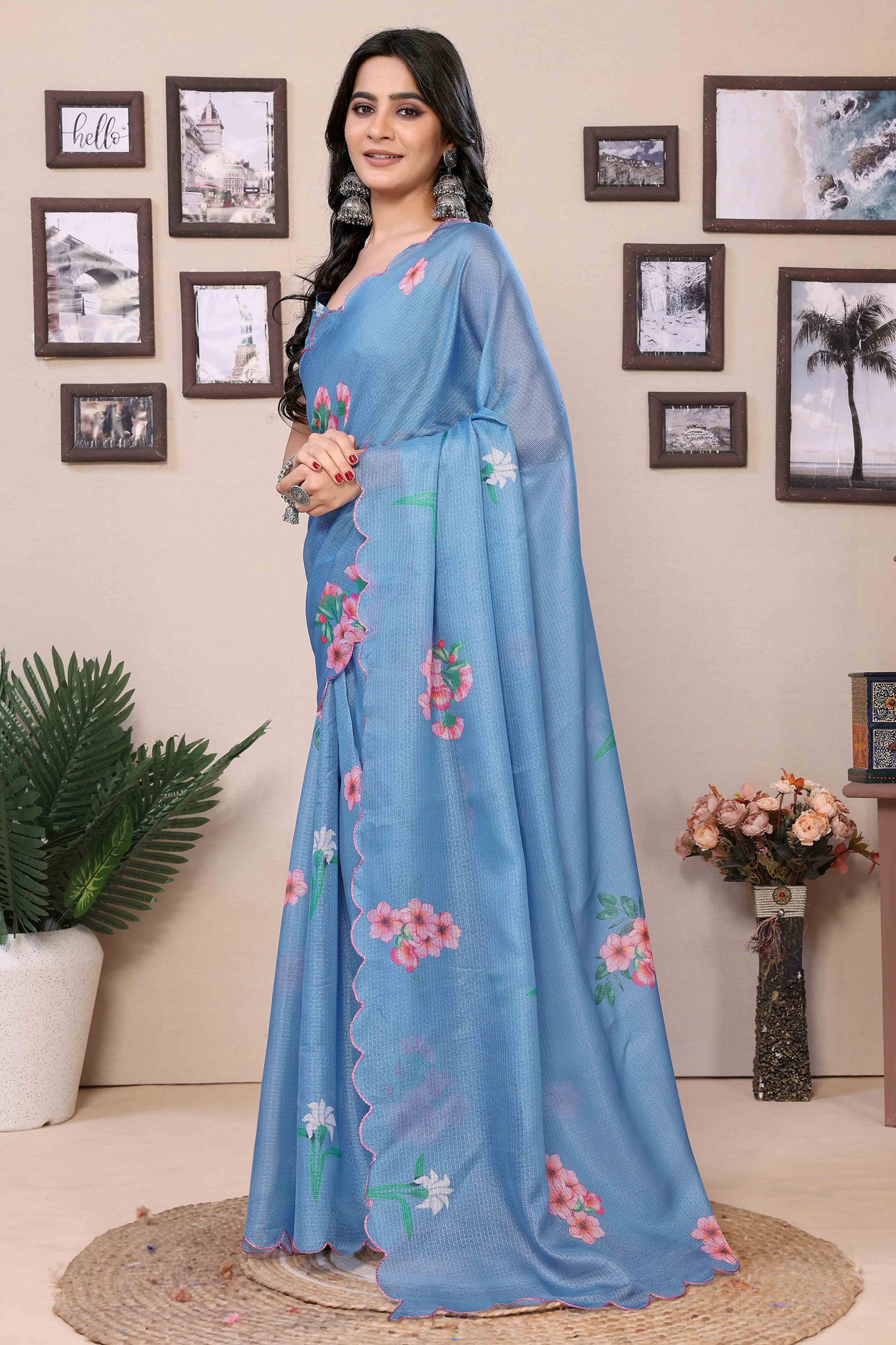 Blue Floral Digital Printed Kota Doria Ready To Wear Saree